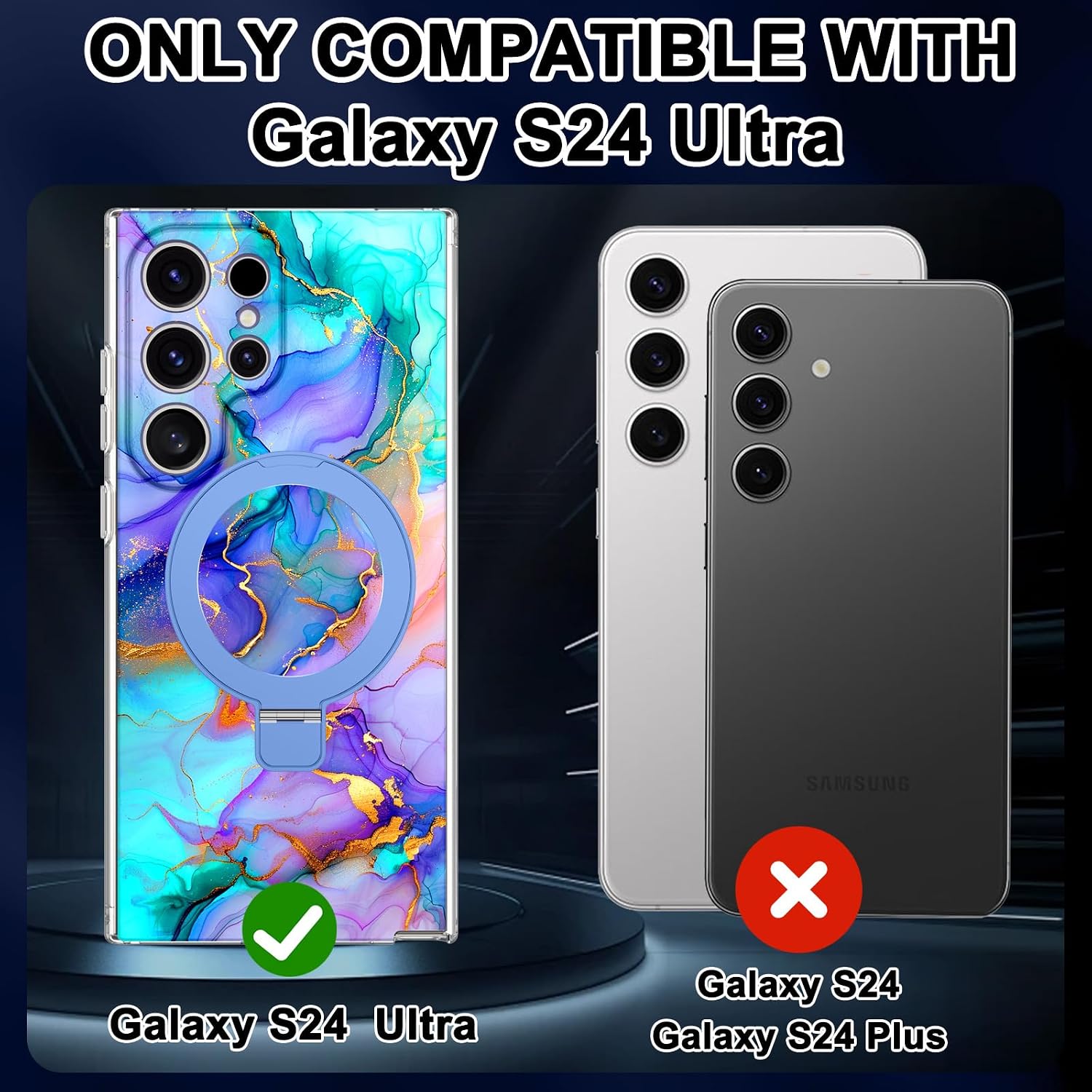 Magnetic for Samsung Galaxy S24 Ultra Case with Invisible Ring Stand [Compatible with MagSafe], Full Body Rugged Slim Women Men Girl Shockproof Marble Pattern Design Case,Blue Violet