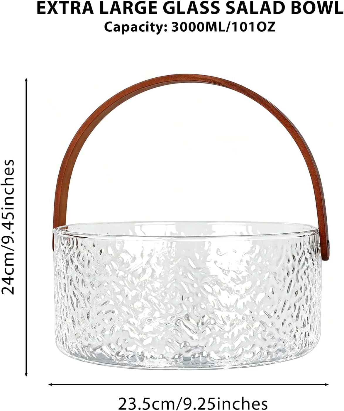 Glass Salad Bowl with Wooden Serving Utensils and Portable Handle, 101oz Large Glass Mixing Bowls, Ideal for Family Dinners, Parties and Gatherings, Microwave Safe for Salad, Fruit, Kitchen Supplies
