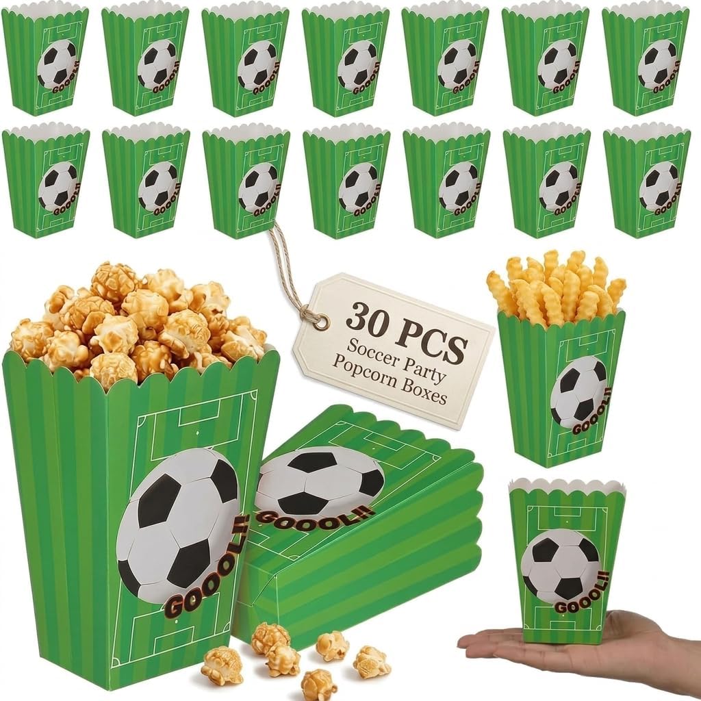 Soccer Party Popcorn Boxes, 30 Pack Green Football Themed Birthday Decorations, Disposable Paper Snack Containers for Sports Events Game Day Celebration