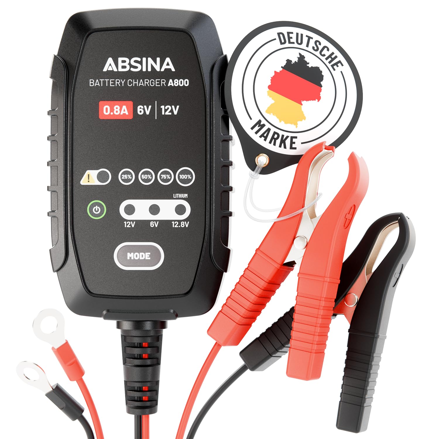 ABSINA Roller & Motorrad Batterieladegerät vollautomatisch mit 800mA - AGM Ladegerät 6V & 12V Blei Batterie bis 26Ah / 12,8V Lithium bis 15Ah - Ladegerät Motorradbatterie mit 3,4m Kabel