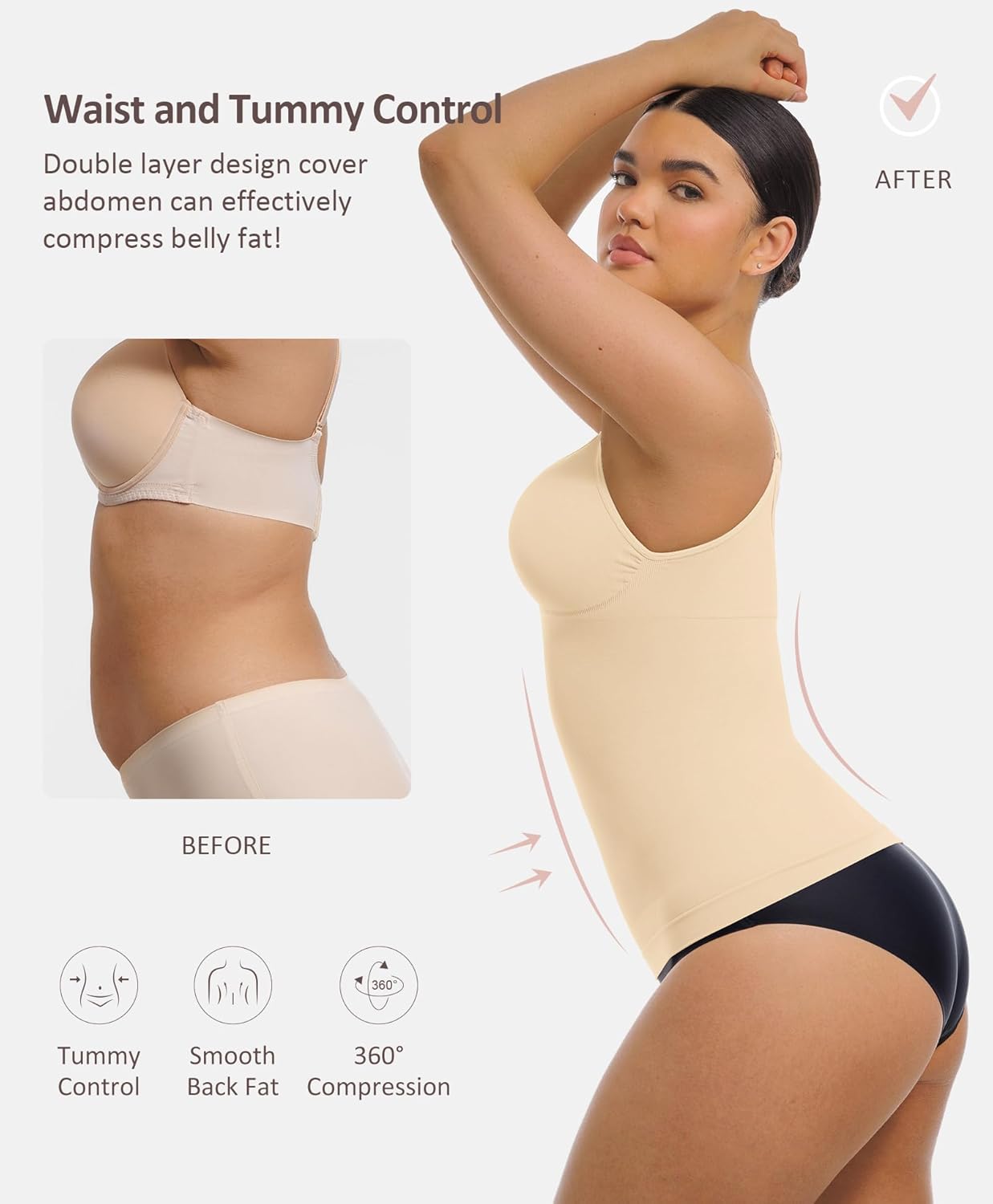 FeelinGirl Shapewear for Women Compression Camisole Tops Tummy Control Shirts V-neck Ruched Plus Size Tank Top Beige XXL - Image 2