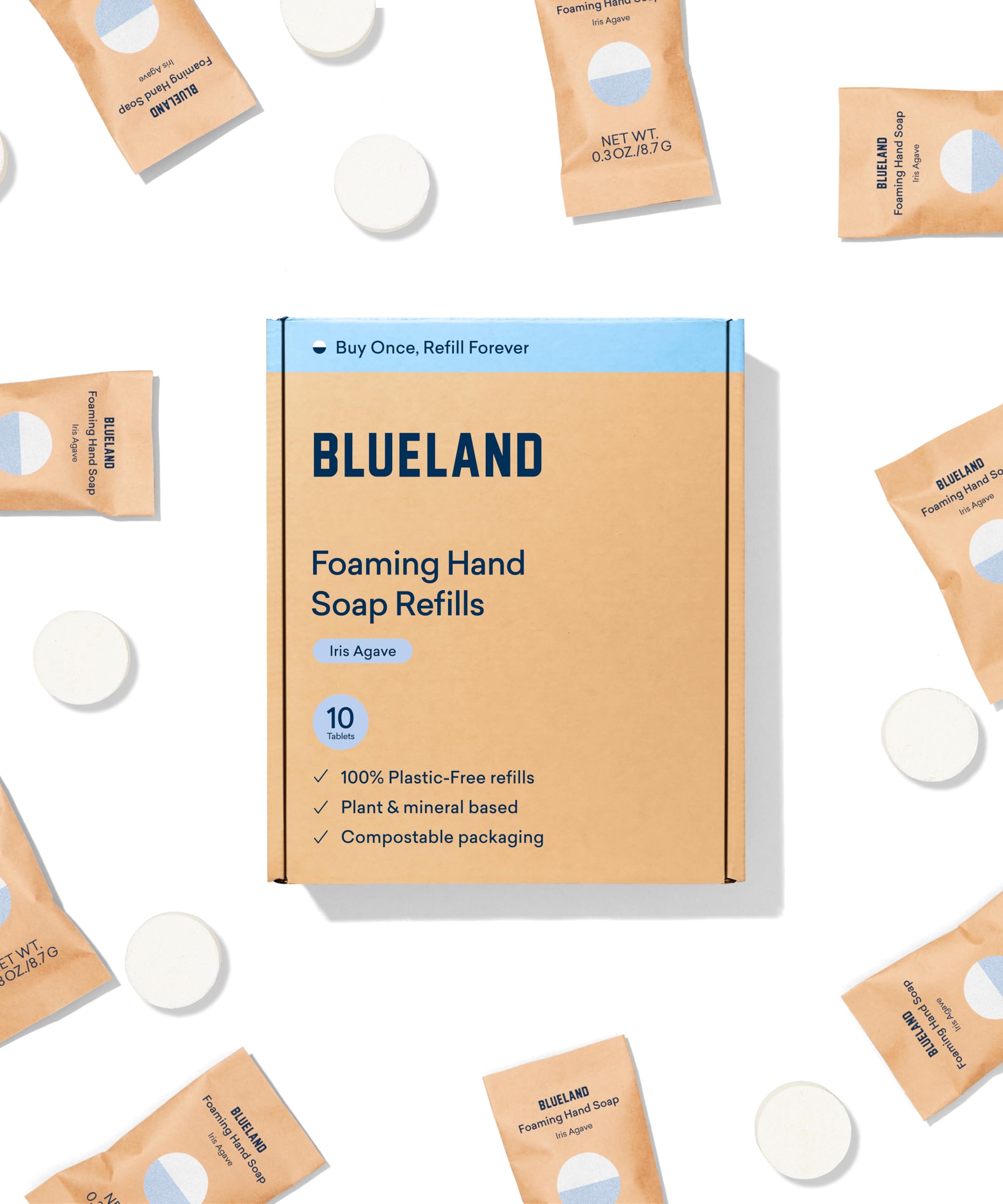 BLUELAND Foaming Hand Soap Refill Tablets, 10-Pack, Iris Agave Scent, Eco Friendly Cleaning Products, 10 x 9 Fl oz