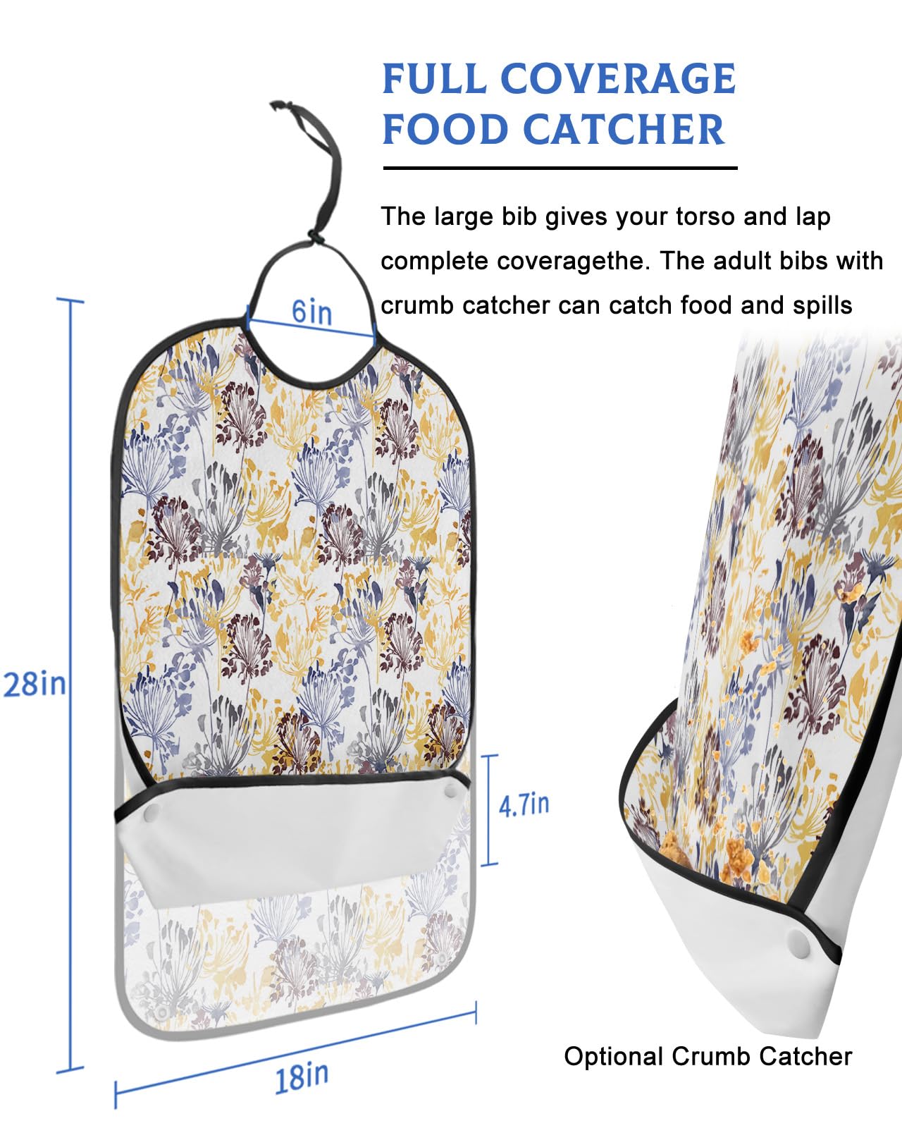 LEOKOTI Yellow Blue Brown Flowers Adult Bibs for Eating, Waterproof Bibs with Food Catcher & Snap Closure, Watercolor Spring Floral Botanical Washable Clothing Protectors Adult Bibs for Elderly