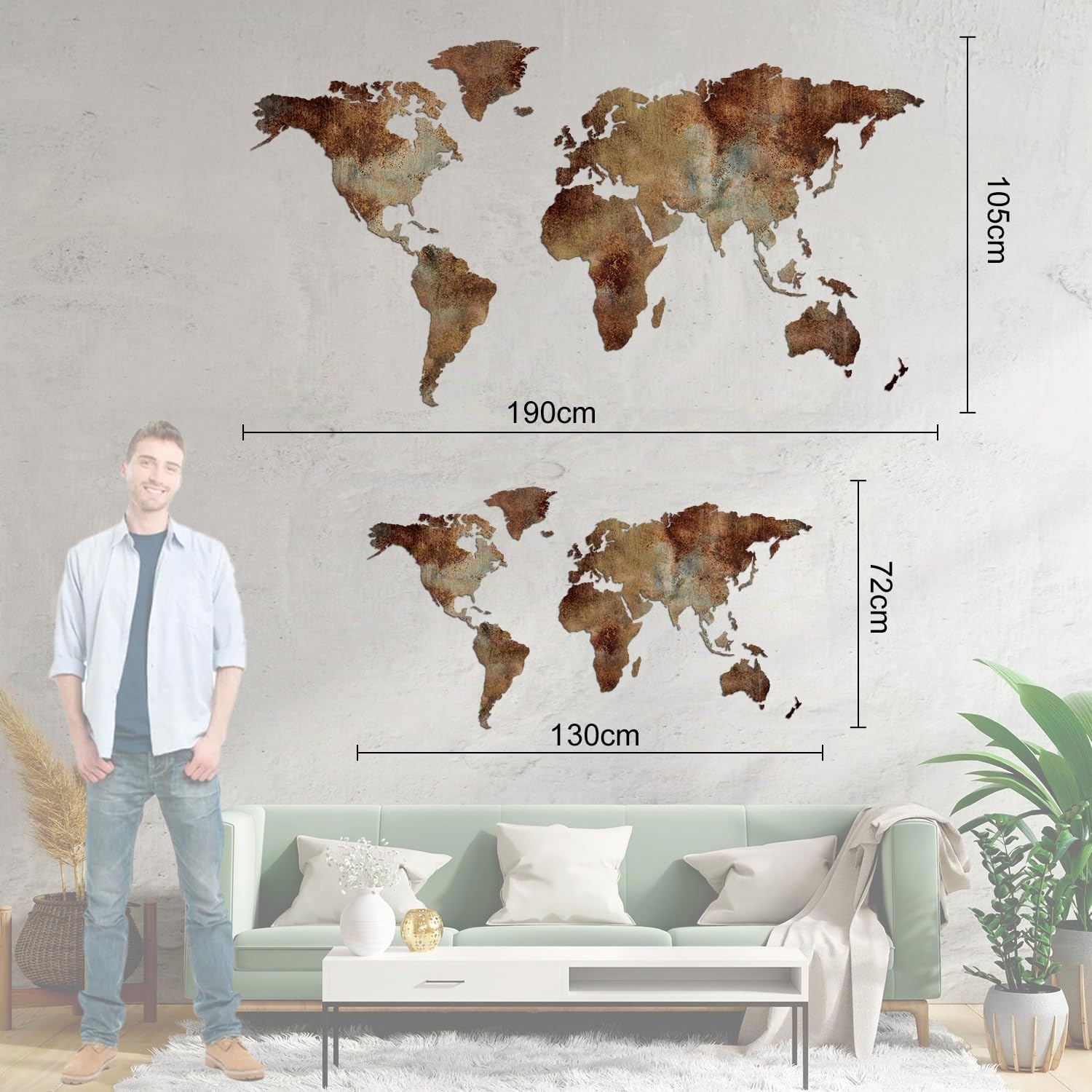 Giallobus - MAPPA DEL MONDO - DECORAZIONE DA PARETE IN LEGNO MDF (MDF metal effetto ruggine, 130L x 72l cm)
