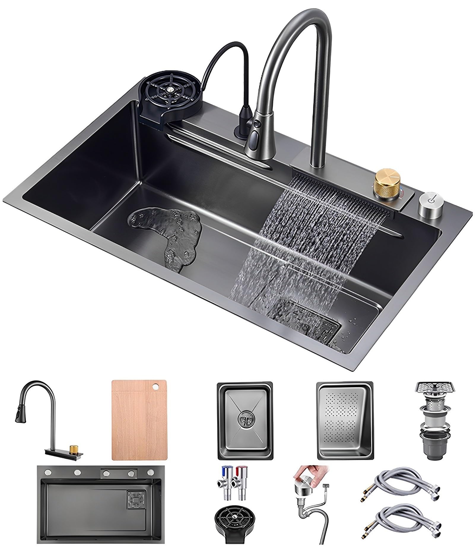ZQFHSX Waterfall Kitchen Sink Workstation Nanometer Topmount Stainless Steel Bar Multifunction Single Bowl With Faucet Combo & Drainage Components(Black,75x45x22cm)