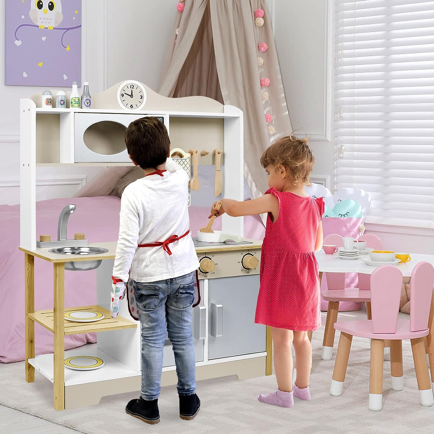 ACXIN Holz Küchenset für Kinder, Küche Küchenspielzeug Set mit Kinderküche zubehör, Küchen-Zubehör aus Edelstahl und Holz, Mini-Küche für kleine Jungen und Mädchen (68x26x78cm)