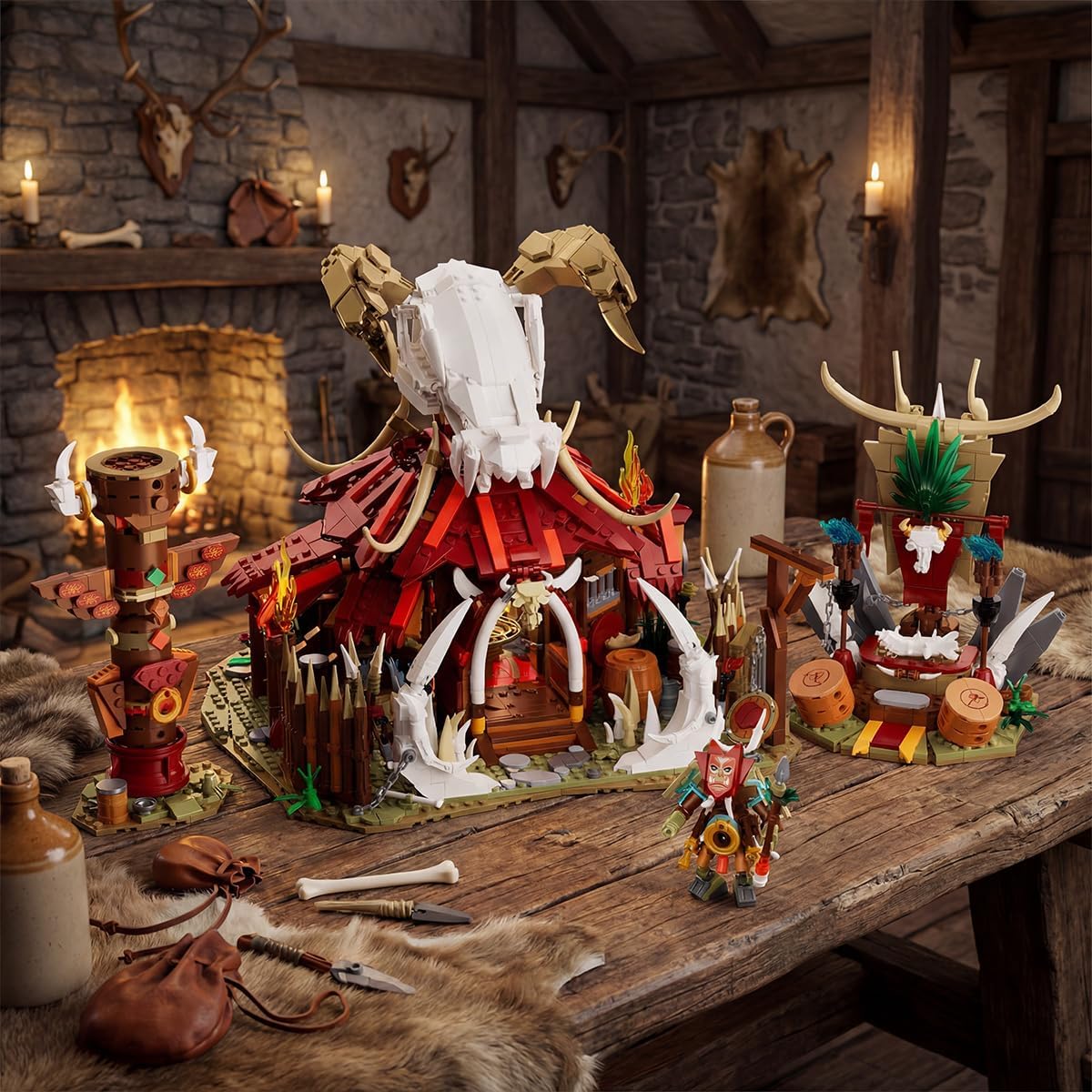Medieval Bonfire Gate Castle Building Sets for Adults, Knight Bone Shrine Architecture with Shaman Figure, Knights Viking Village Home Decor 2098PCS