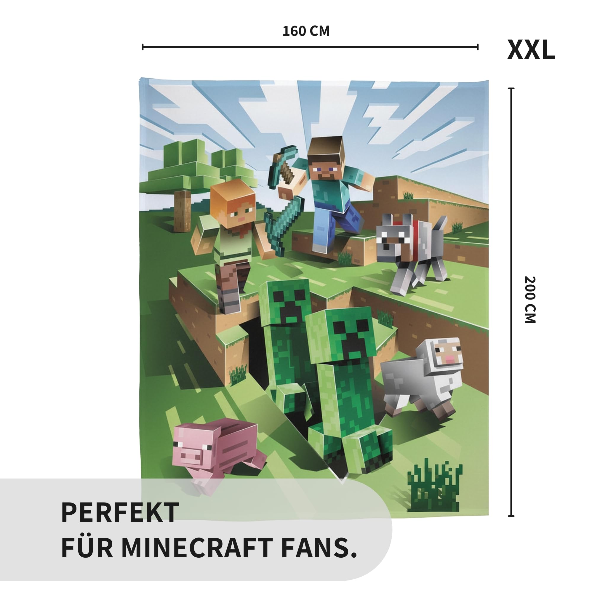 Character World Minecraft Kuscheldecke 160x200 cm - Coral Fleece Decke Minecraft Figuren Fanartikel für Kinder, Jugendliche und Erwachsene