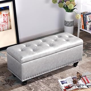 Storage Bench, Ottoman for Bedroom End of Bed, PU Leather Tufted Entryway Bench, Upholstered Bench with Solid Wood Legs, for Bedroom, Living Room, Entryway, Hallway(Silver gray,60cm/23.6in)