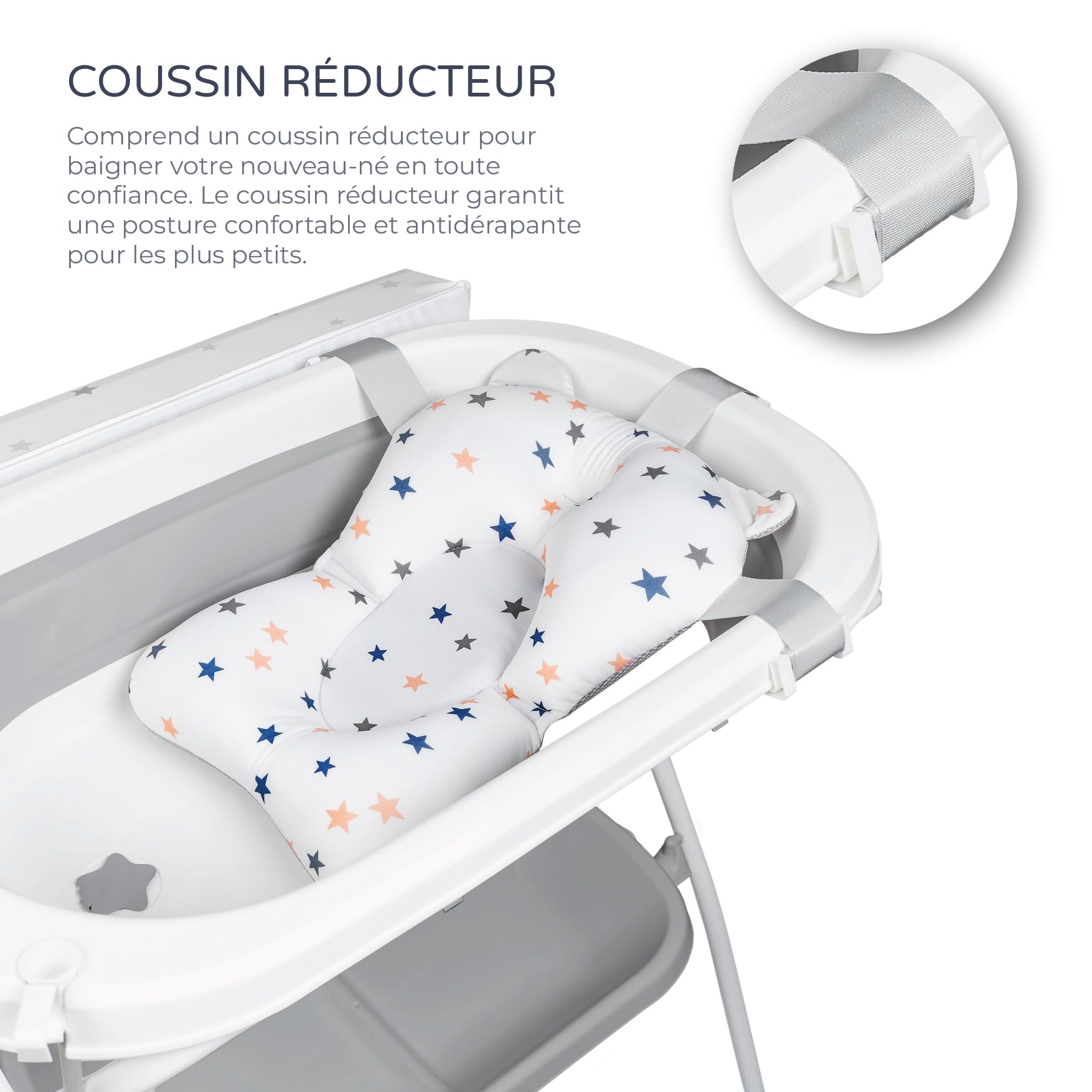 MS BabyWorld - Baignoire haute ZOE + Réducteur | Matelas à langer, coussin réducteur et panier | Confortable et facile à ranger | Avec bouchon et tuyau de vidange, pieds antidérapants, Pliable