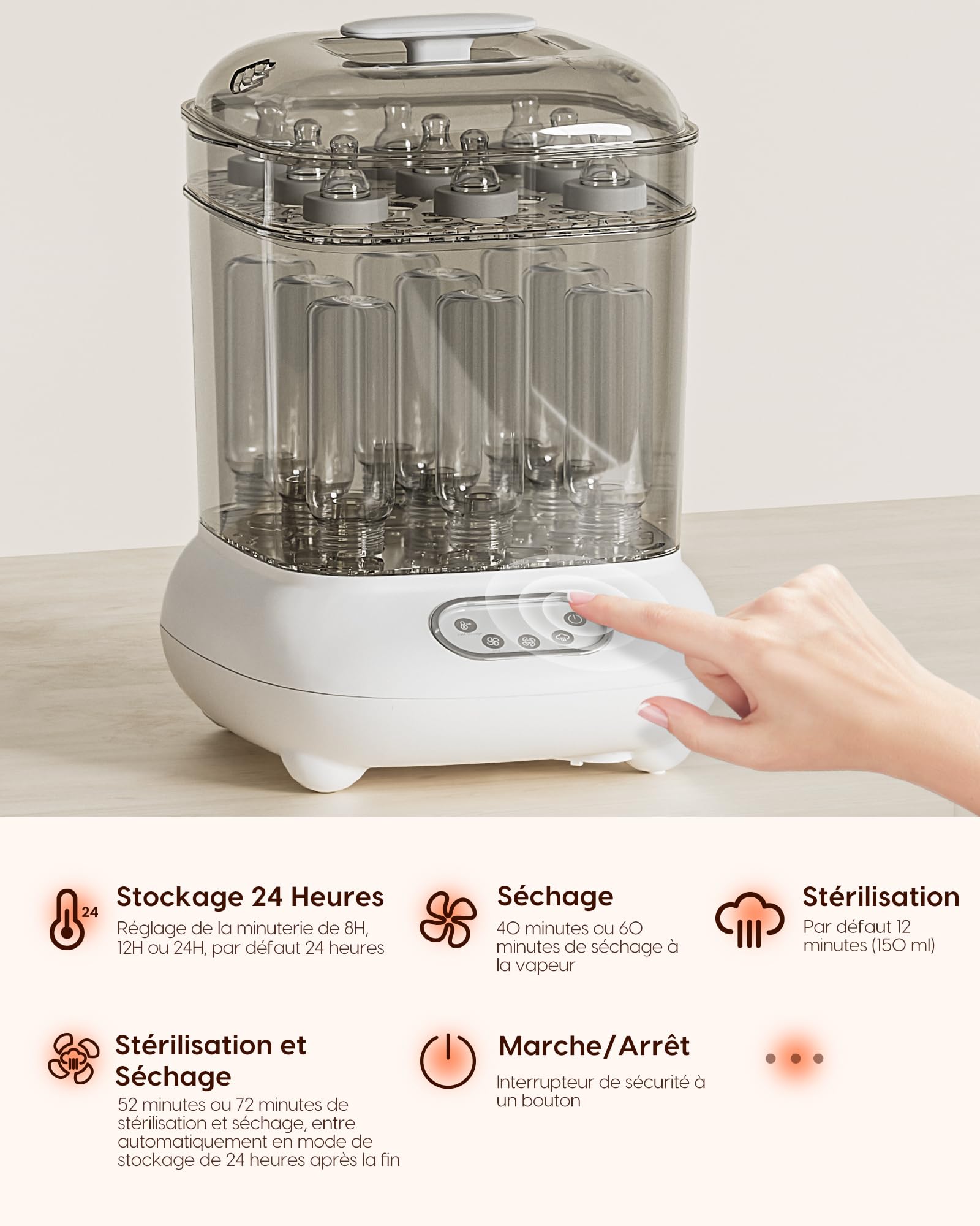 Stérilisateur et Sécheur pour Biberons, Tétines, Pièces de Tire-lait, Jouets de Dentition - Élimine 99,9% des Germes, Reste Stérile et Sèche Pendant 24 Heures, Essentiels pour Nouveau-nés, Bébé