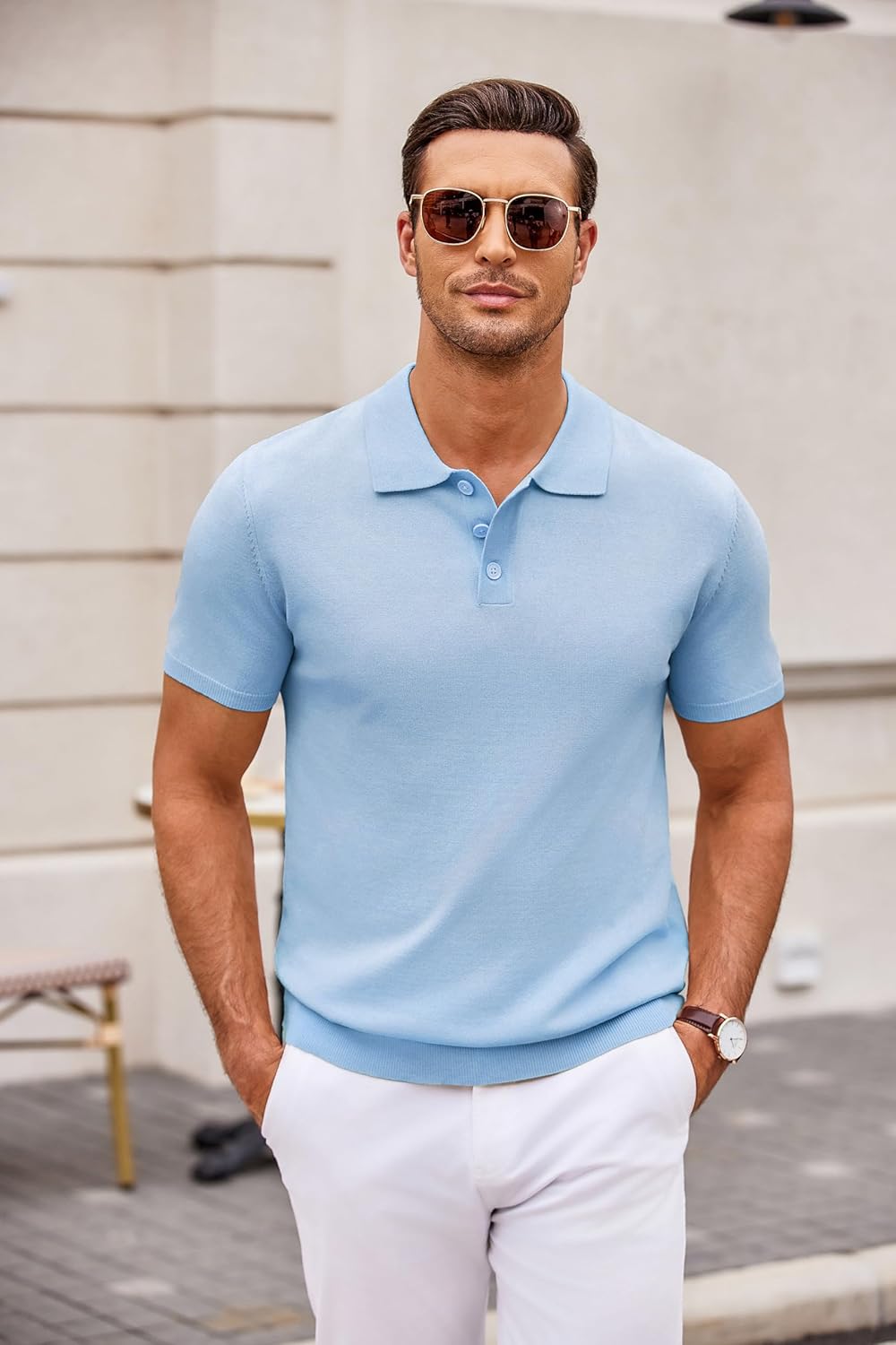 COOFANDY Mens Knit Polo Shirts Casual Short Sleeve Button Down Polo Shirt Classic Golf Shirts Light Blue X-Large image 6 of 7 B0CR425LYT