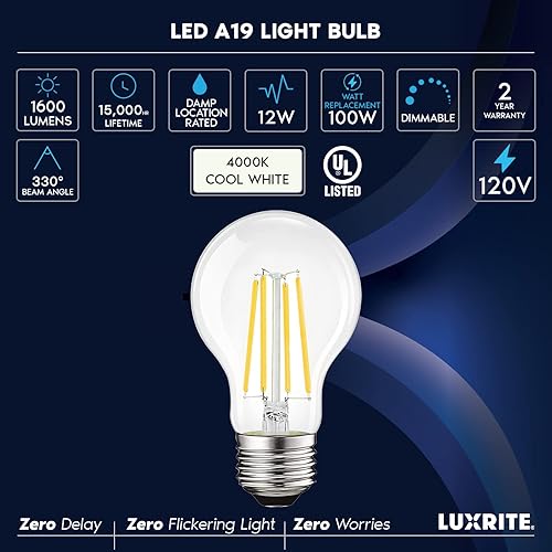 Miniatura 7 de LUXRITE Bombillas LED vintage A19 equivalentes a 100 W, 1600 lúmenes, blanco frío 4000 K, bombillas Edison regulables, 12 W, clasificación de