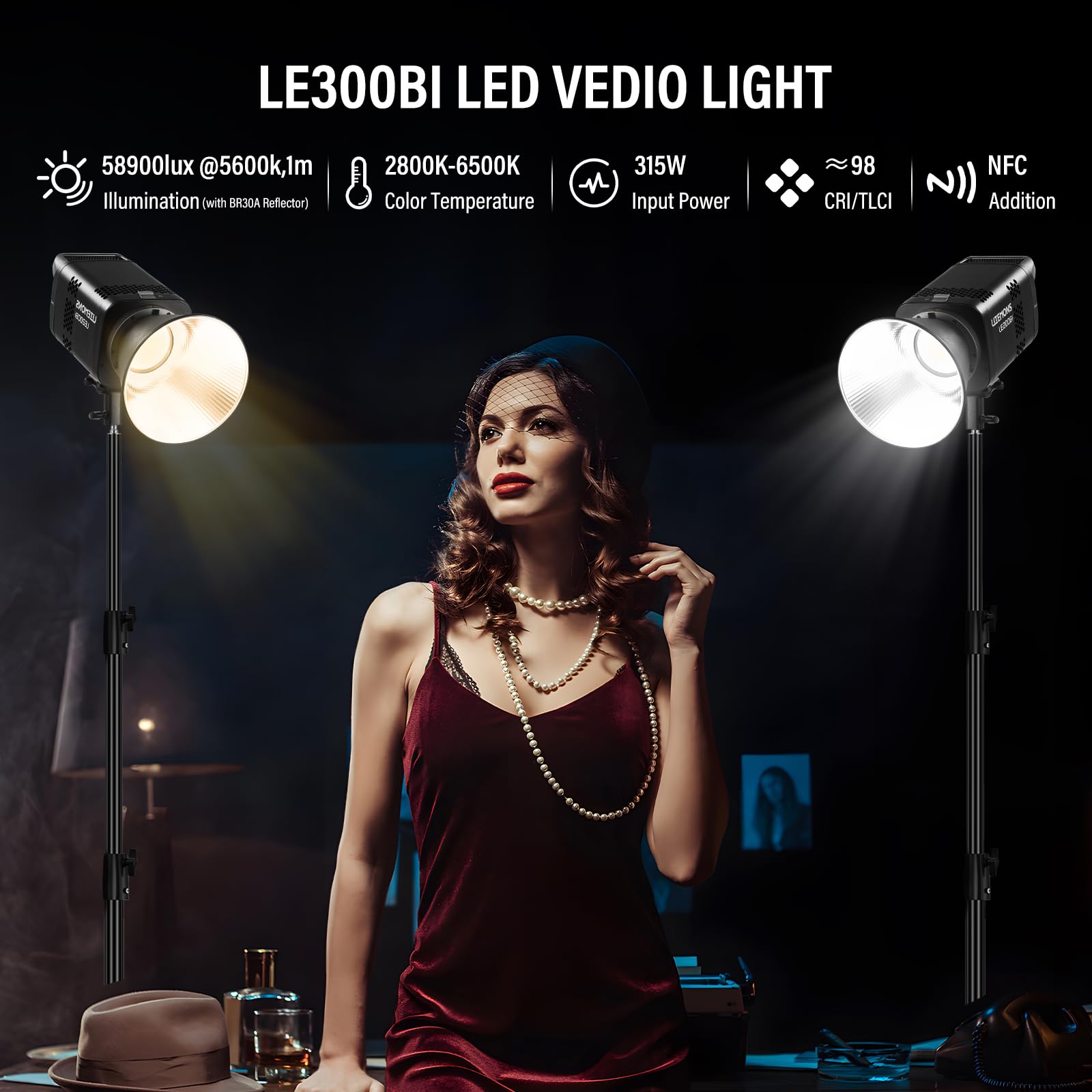 Godox Litemons LE300Bi LE300 Bi Luz Continua LED Video Light 320W 2800K~6500K 58900 Lux/1m TLCI/CRI≈98 Control Bluetooth 11 Efectos FX Montura Bowens Luz de Vídeo para Vlogging Live Youtube (Negro)