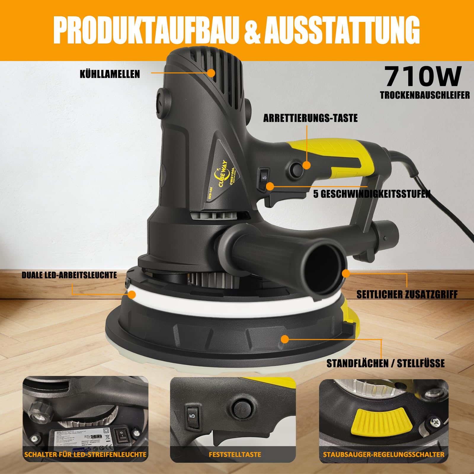 Elektrischer Trockenbauschleifer, Wandschleifer 710W mit Staubabsaugung mit LED-Licht, 360° Schleifteller, 180mm Schleifteller, 1200-2700RPM Variable Geschwindigkeit, 10 Stück Schleifscheibn
