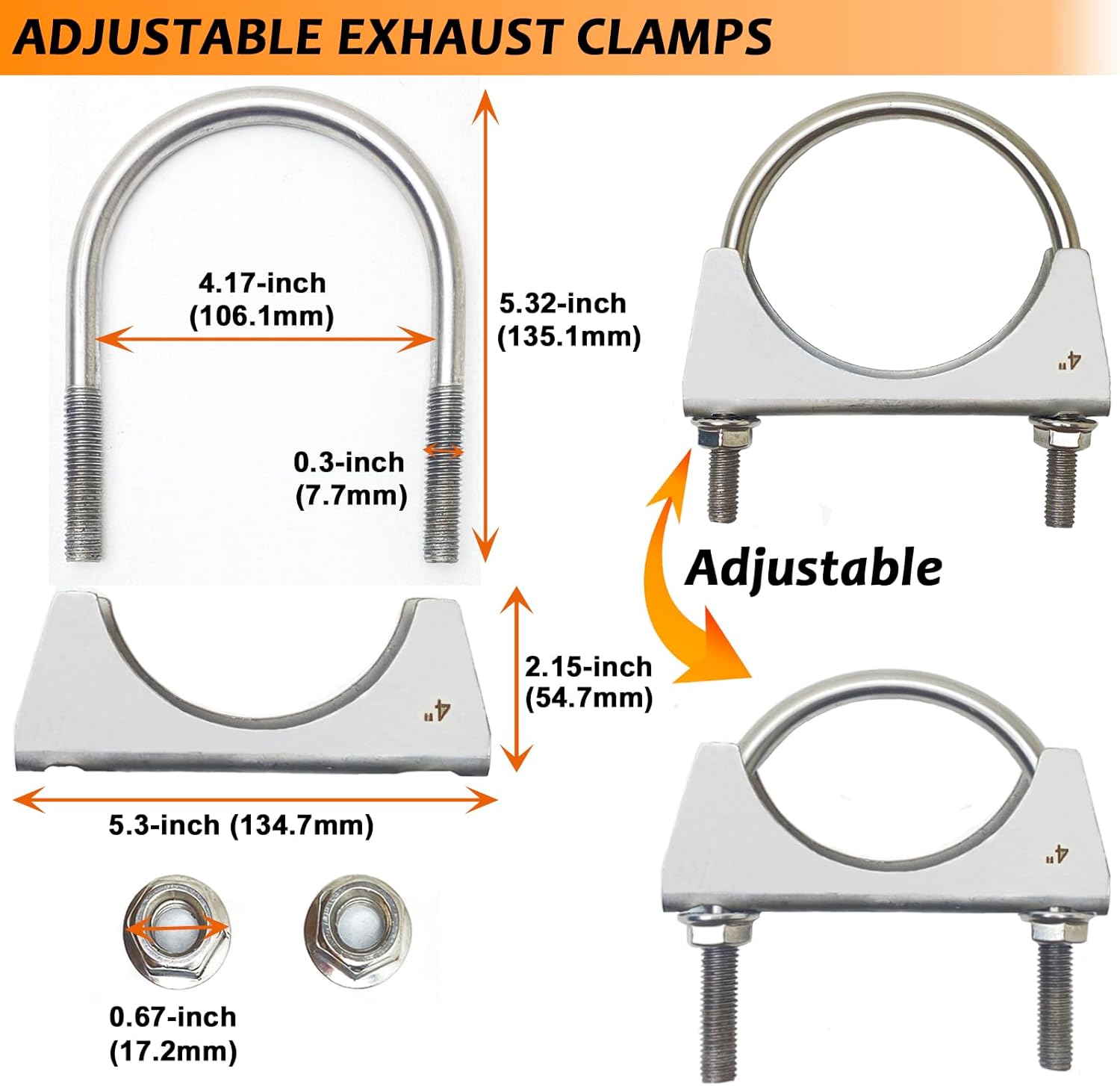 Heavy Duty 304 Stainless Steel 4 inch U-Bolt Exhaust Clamp Muffler U-Bolt Clamps for 4" OD Exhaust Tail Pipe Diameter(4 Pack)