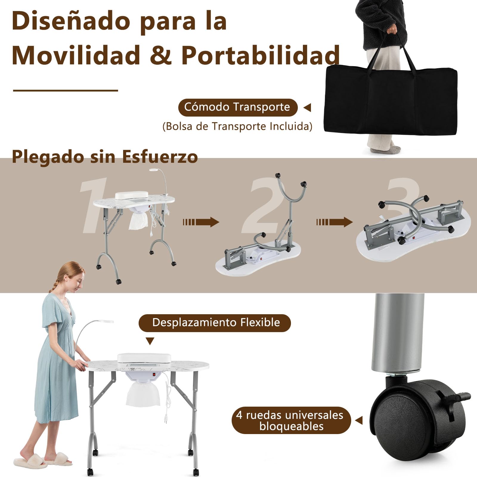 GOPLUS Mesa de Manicura Portátil con Colector de Polvo Eléctrico, Mesa de Manicura Plegable con 4 Ruedas Bloqueables, 3 Bolsas de Polvo, Lámpara LED Ajustable, Bolsa de Transporte, para Spa (Blanco)