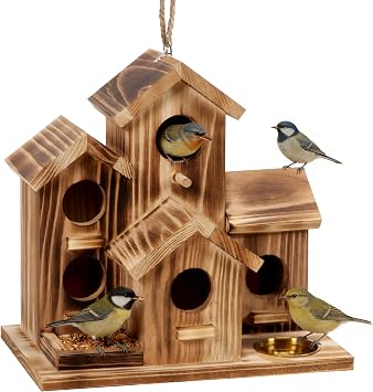 MIXXIDEA Bird House 5 Hole Bird Houses for Outside with Thickened Wooden Board,Birdhouse for Blue Bird Humming Bird and Chickadee Swallow. Hanging Edible Wild Bird Nest Garden Decorative