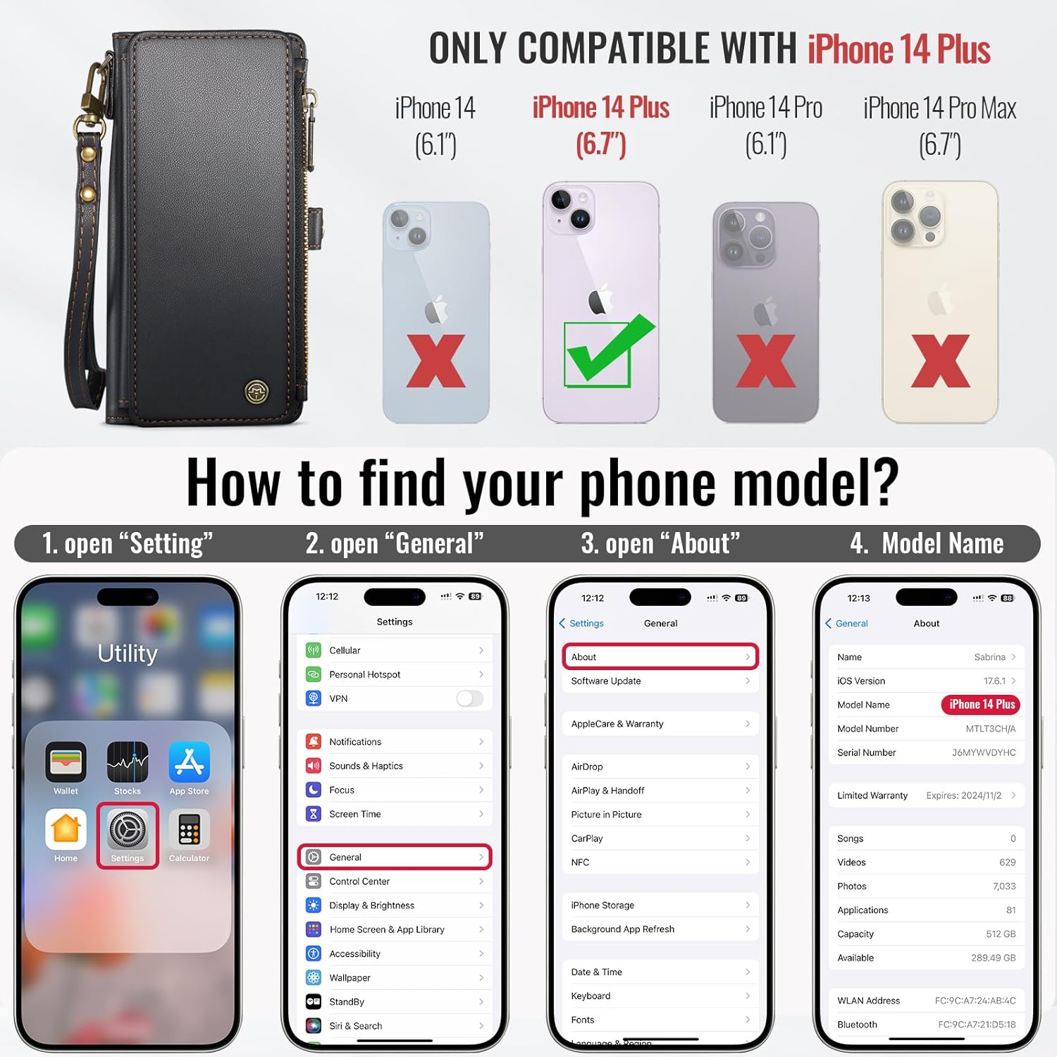 Defencase Compatible with iPhone 14 Plus Case Wallet with RFID Blocking Card Holder for Women Men, Soft PU Leather Magnetic Snap Flip Zipper Strap Wallet Phone Case Fit for iPhone 14 Plus 6.7", Black