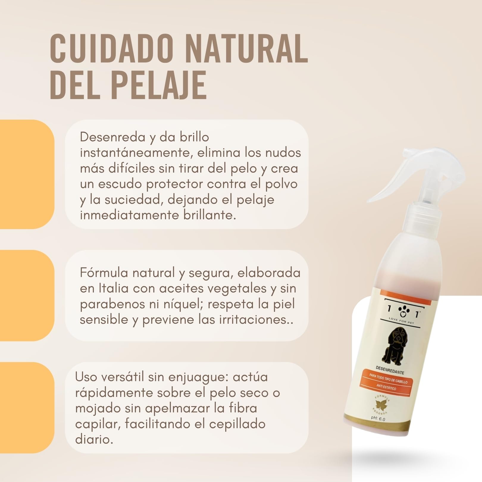 Línea 101 Spray Desenredante Pelo Perros 250ml, Acondicionador Perro Natural con Aceites Vegetales, Acondicionador para Perros Antiestático, Pelo Suave y Brillante, Made in Italy