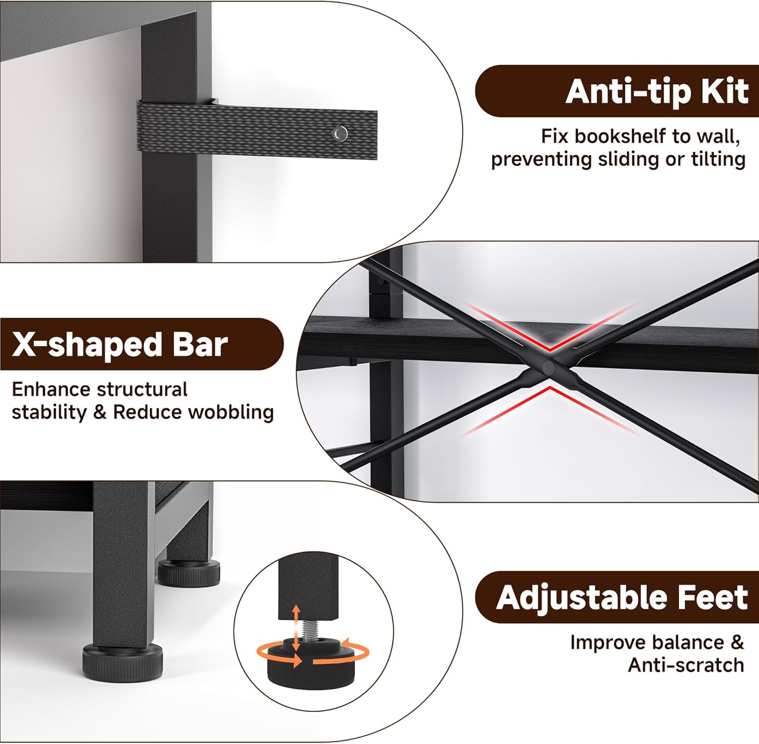 7-Tier Corner Bookshelf, Reversible Wooden Shelves, Industrial Bookcase with Open Shelves and Sturdy Metal Frame, Display Shelf Storage Rack for Living Room, Bedroom, Home Office (Rustic Brown)