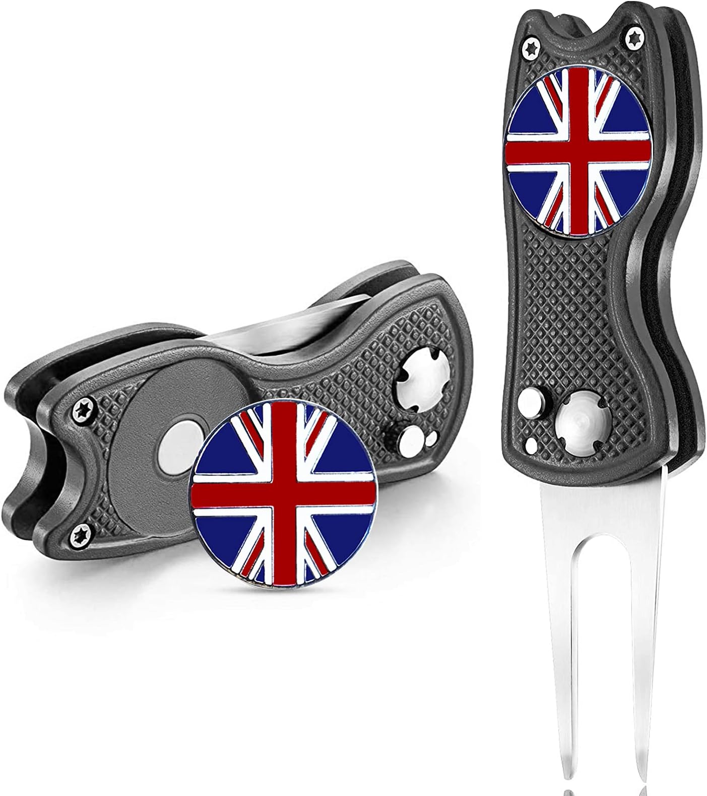 FINGER TEN Golf Divot Repair Tool with Ball Marker Value 1/2 Pack, Stainless Steel Magnetic Marker Color Red Blue Black Foldable Portable Gifts for Men Women Golfer