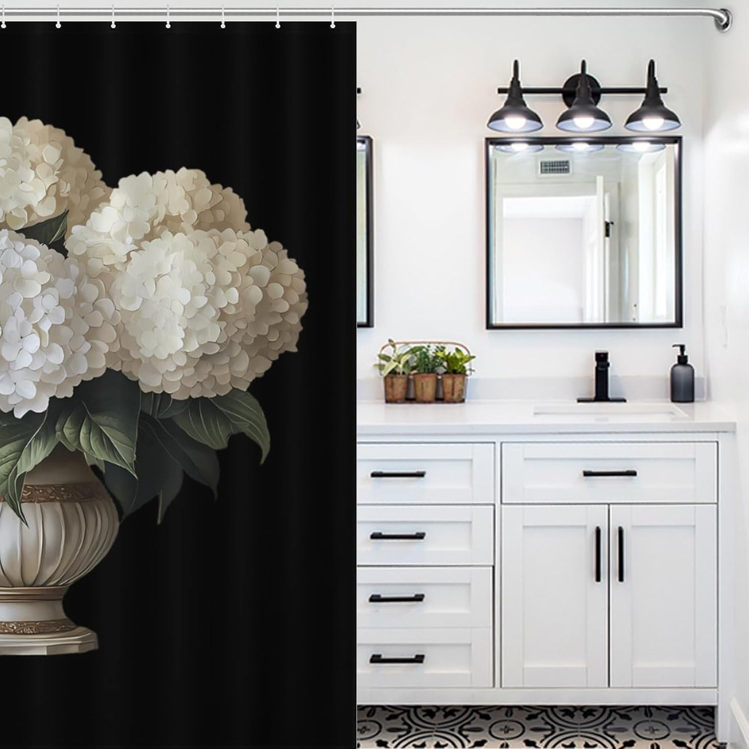 White Hydrangeas Flower Funny Shower Curtains Washable Bath Curtain Liner with Hooks for Bathroom Bath Tubs