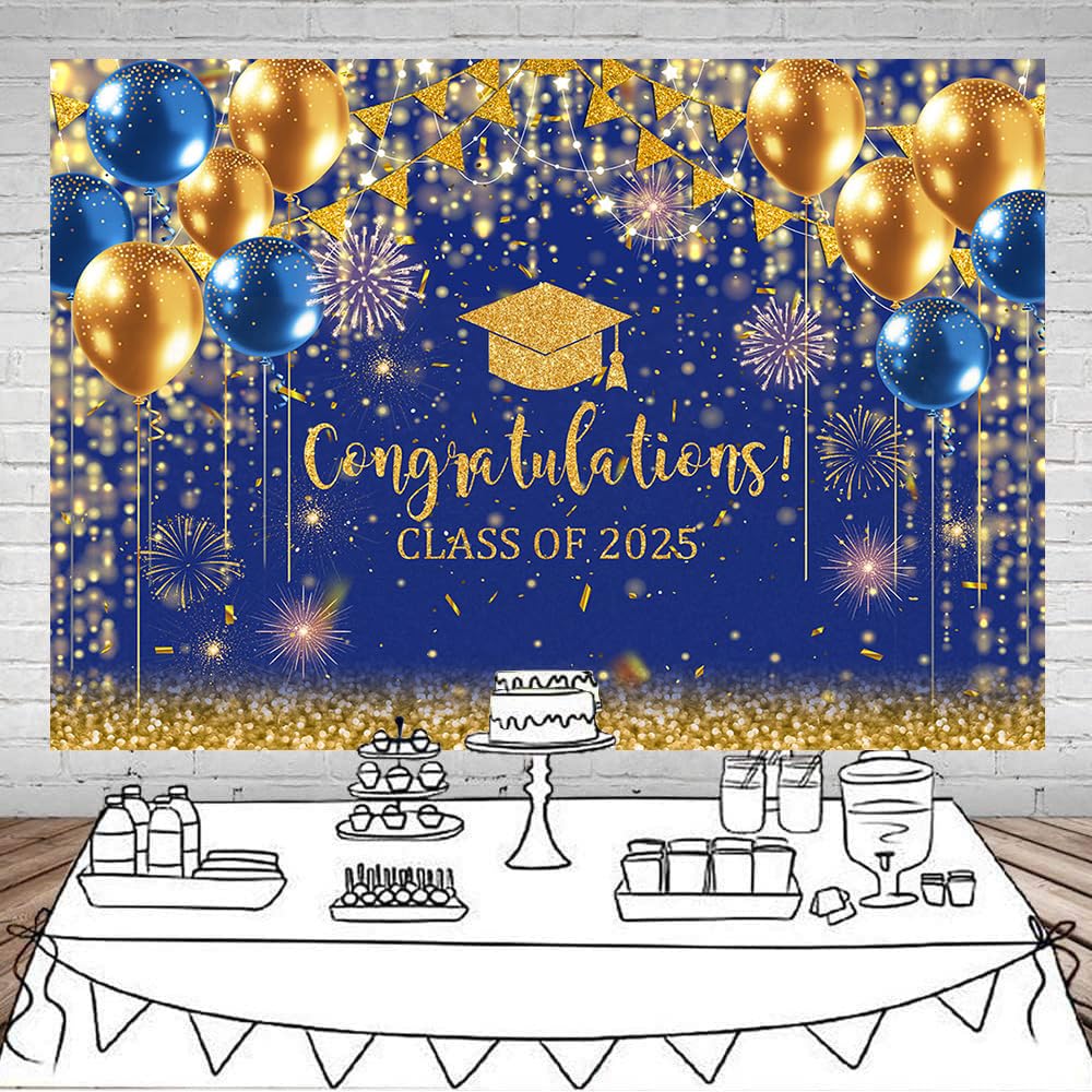 Grad Backdrop Class Of 2025 Graduation Backdrop - Blue & Gold Congrats ...