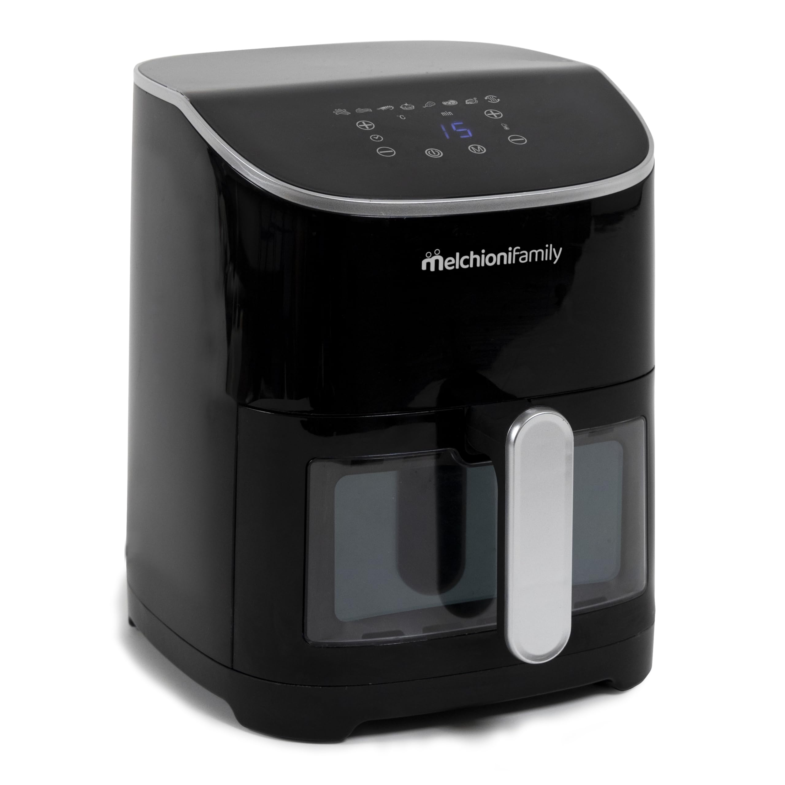 Melchioni Family | Friggitrice ad Aria EMMA, Capacità 5 litri, Display Touch Screen e Timer, Finestra Trasparente, Air Fryer Senza Olio con 8 Programmi, 80-200°, 1300 W, Colore Nero