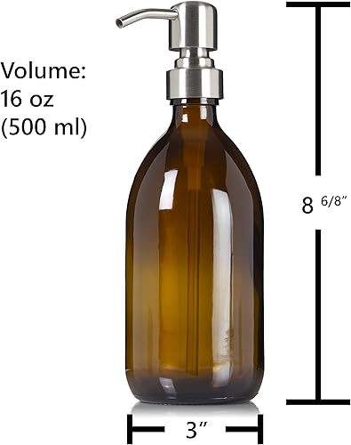 Miniatura 2 de Artanis Home Dispensador de loción de jabón de manos de vidrio ámbar recargable, 16 onzas, paquete de 2  Botella de boticario con bomba de acero