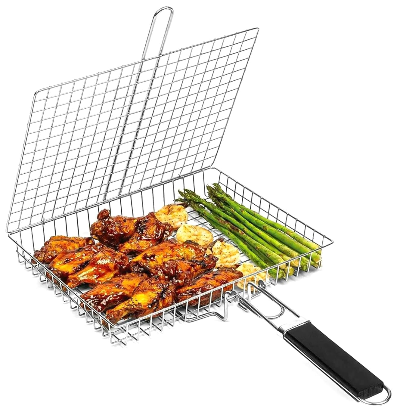 Fish Grilling Basket, Folding Portable Stainless Steel BBQ Grill Basket for Fish Vegetables Shrimp with Removable Handle, Outdoor Cooking Camping Accessories Tool, Birthday Gifts for Men Dad Husband