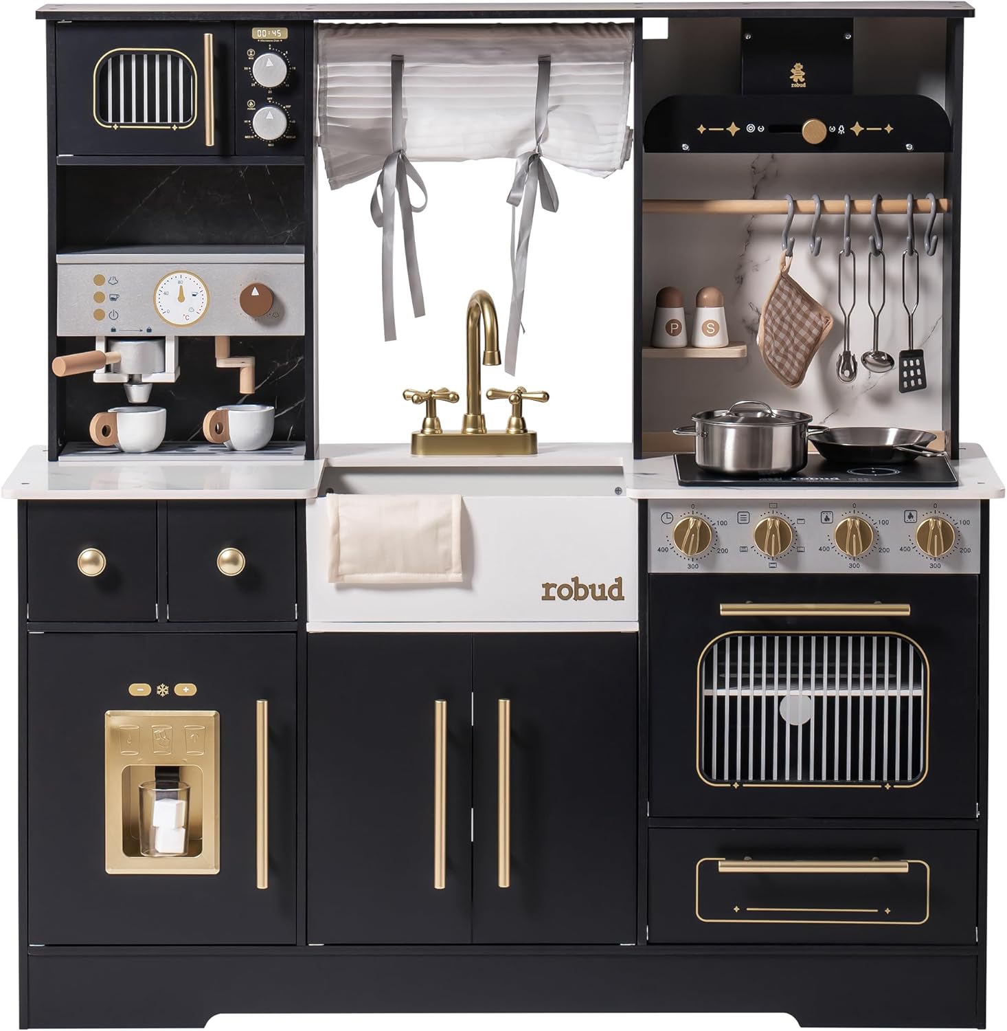 ROBUD Wooden Play Kitchen Set for Kids and Toddlers with Coffee Machine, Ice Maker, Microwave, Oven, Large Cabinet, 12 Accessories, Gift for 3+, Black