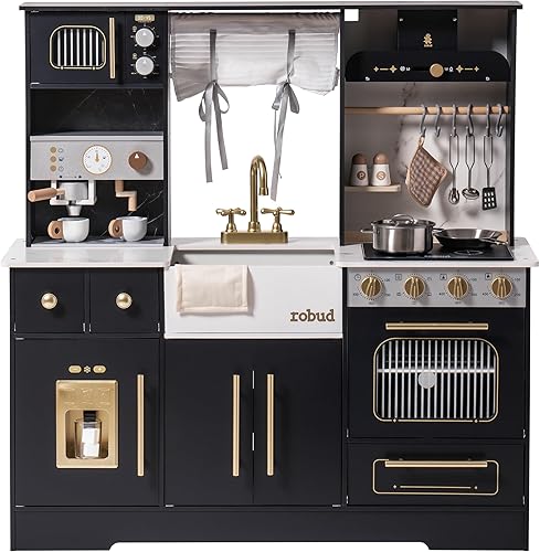 ROBUD Juego de cocina de madera para niños y niños pequeños con máquina de café, máquina de hielo, microondas, horno, armario grande, 12 accesorios,
