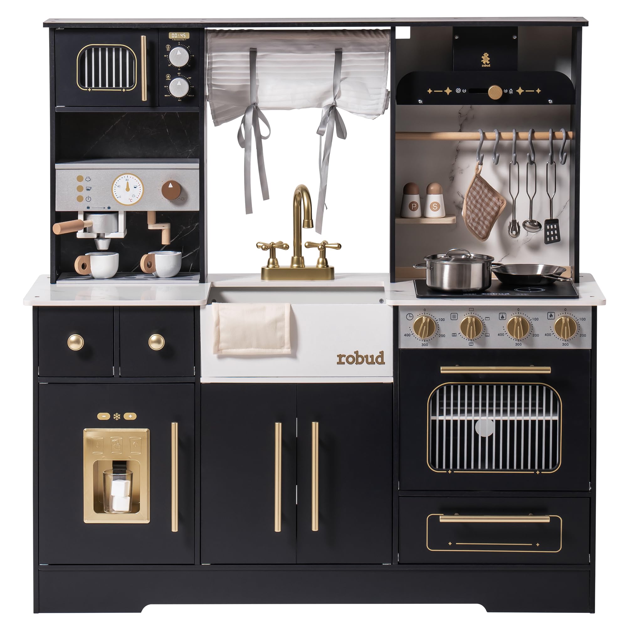 Photo 1 of ROBUD Wooden Play Kitchen Set for Kids and Toddlers with Coffee Machine, Ice Maker, Microwave, Oven, Large Cabinet, 12 Accessories, Gift for 3+, Black