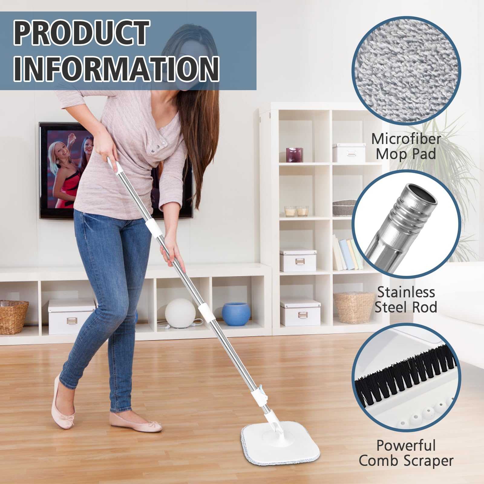 Set Mocio Lavapavimenti con Secchio Lavapavimenti a 2 Camere, Mocio Piatto con Separazione Acqua Sporca/Pulita, Mocio Rotante a 360° per Tutti i Pavimenti, Include Panno in Microfibra