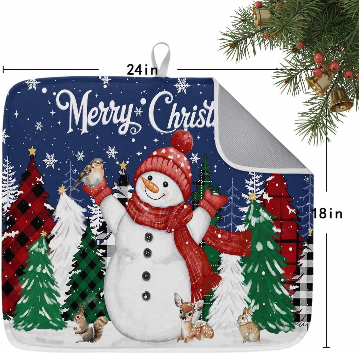 Merry Christmas Words on Navy Blue Dish Drying Mats for Kitchen Counter,Absorbent Microfiber Dish Drainer Rack Mat Xmas Trees Snowman Drying Pad for Sinks,Utensils,Countertops,18x24in