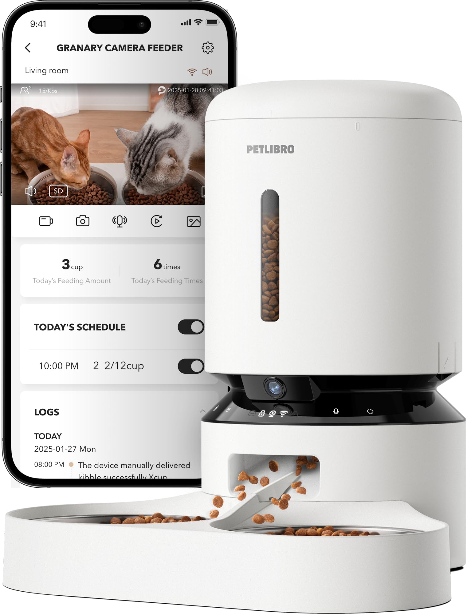 PETLIBRO Automatic Cat Feeder with Camera, 1080p HD Live Monitoring, Remote App Food Dispensing Dual Bowl (a. White)