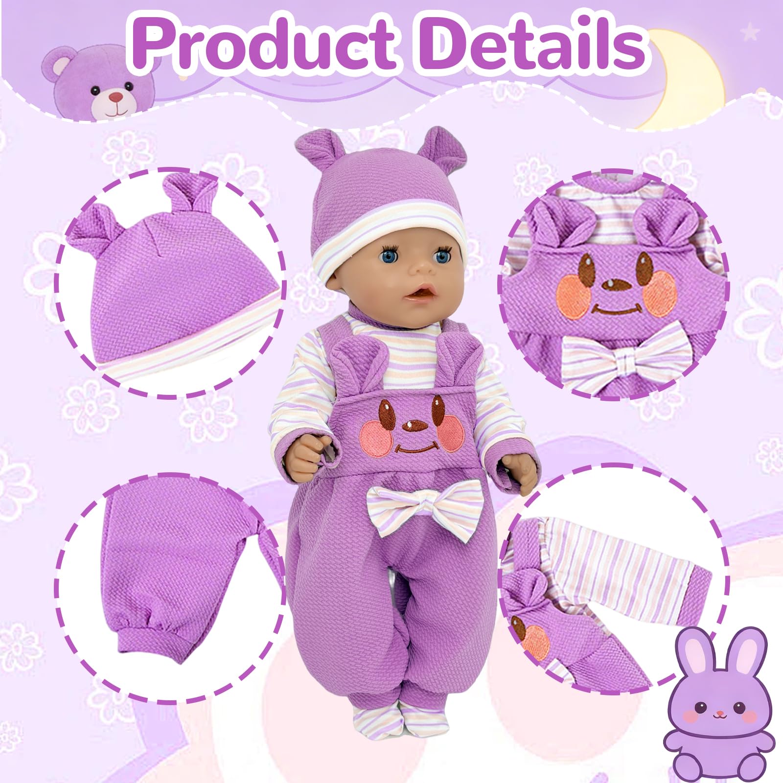 Baby Doll Clothes Outfit for 14-18 Inch Dolls (35-45 cm), 5‑Piece Purple Bear Baby Doll Outfit Set including Onesie, Hat - Image 3