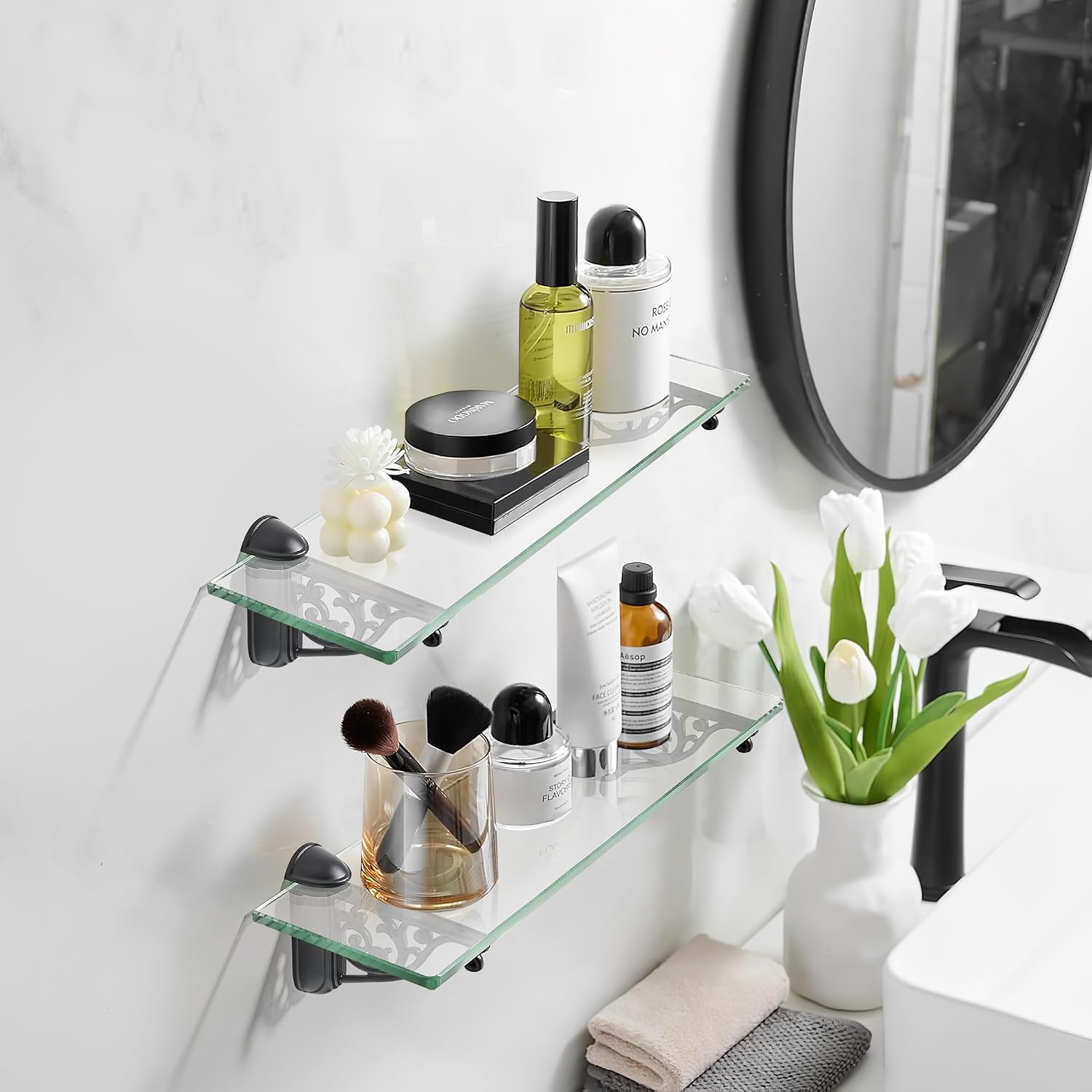 khtumeware 24 Inches Glass Shelves for Bathroom, Black Floating Glass Shelf Zinc Tempered Glass Bathroom Shelves for Wall Mount Modern