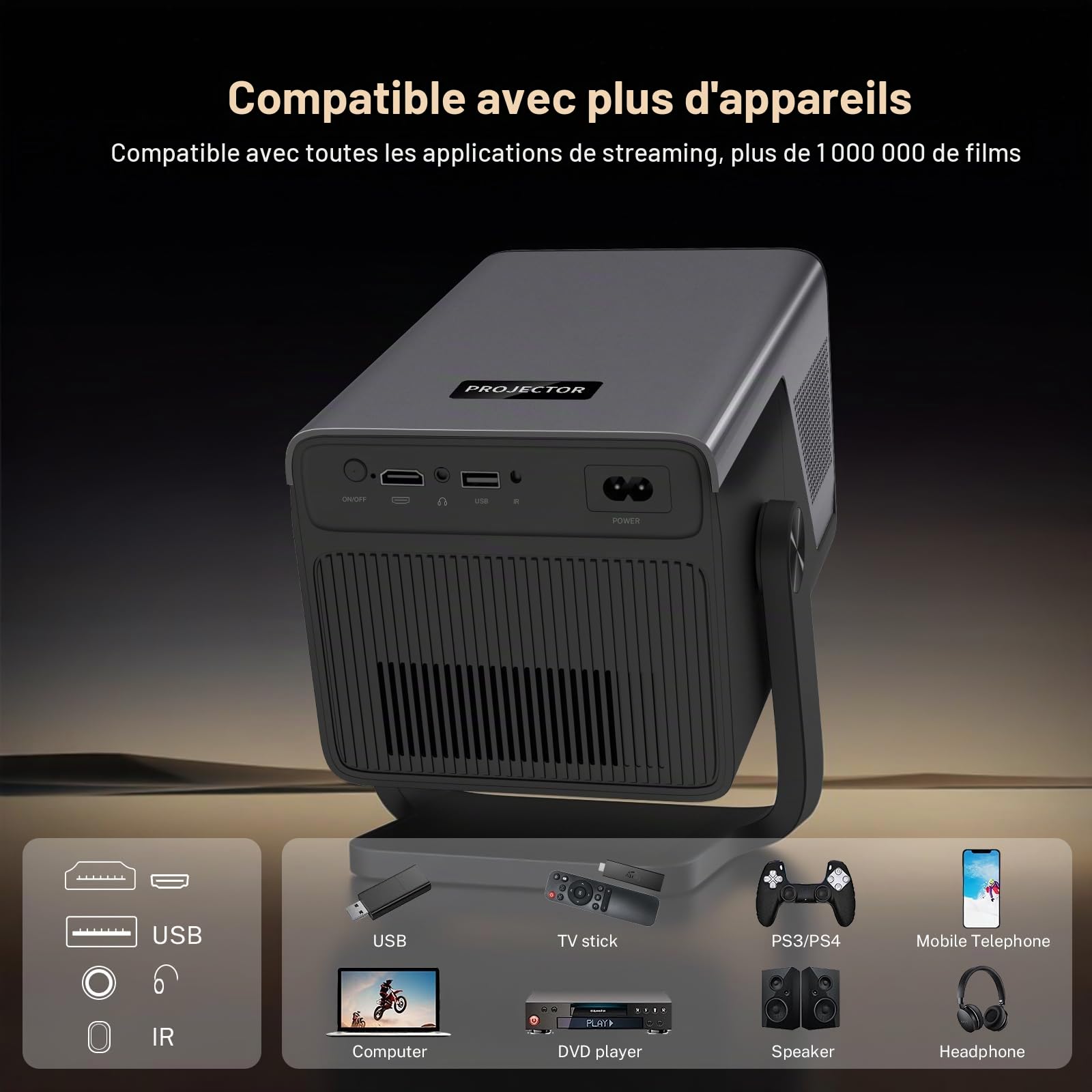 [Native 1080P/2000 ANSI/Calibration Visuelle IA] Intelligent Vidéoprojecteur X7 Smart Projecteur avec Android 14,4K Supportée, IA Assistant Vocal/Auto Focus/Keystone,WiFi6/Bluetooth5.4, 200" Display