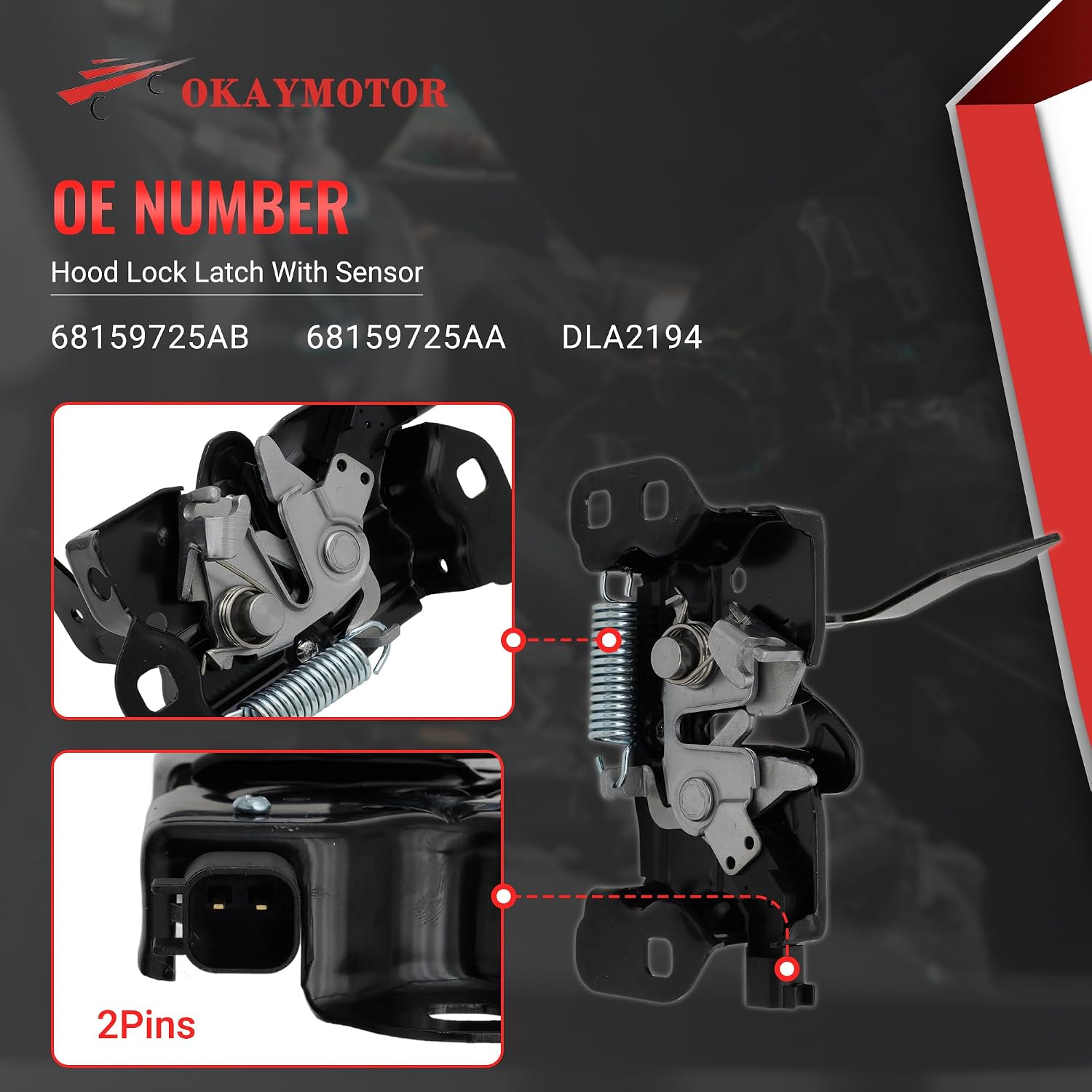 OKAY MOTOR 68159725AA 68159725AB Hood Lock Latch With Sensor for 2013-2023 Ram 1500 2014-2015 Ram 2500 2019-2022 Ram 1500 Classic 3.0L 3.6L 5.7L 6.2L DLA2194