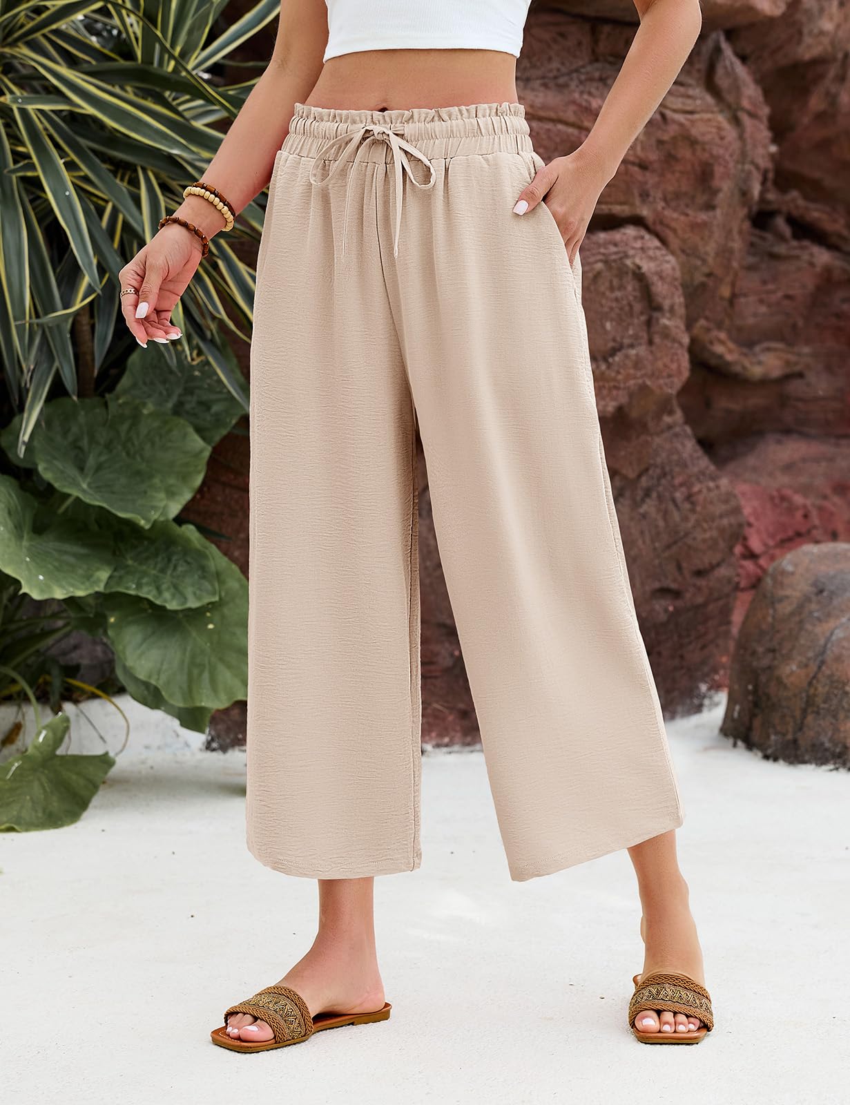 CMTOP Pantalon Femme Été Fluide Léger Pantalon Chic Taille Haute Elastique Pantacourt Ample Décontractée 7/8 Droit Pants Travail Couleur avec Cordon Poches