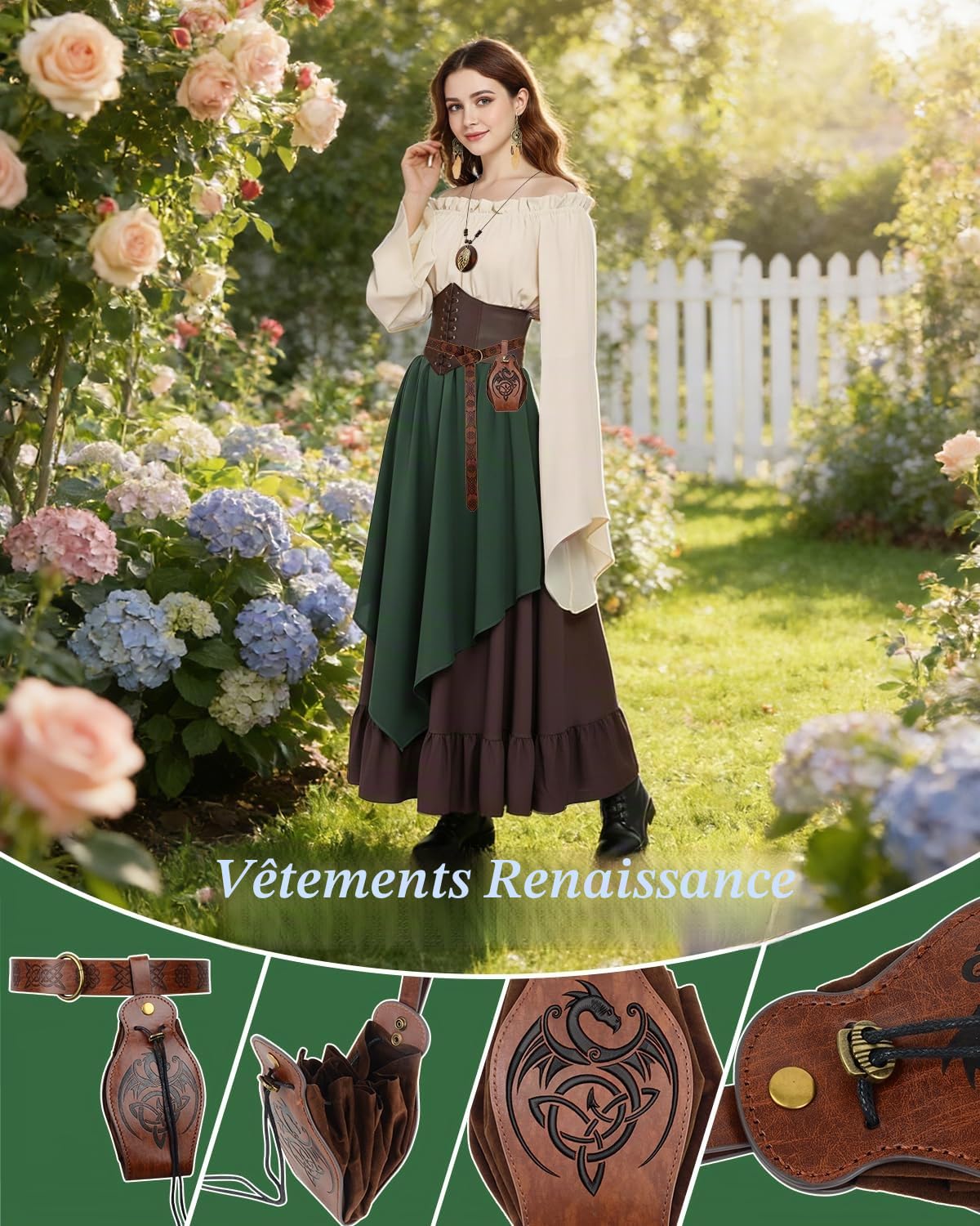Déguisement Médiéval Femme, Robe Longue Style Renaissance avec Haut Rétro à Epaules Dénudées, Sac Banane, Collier, Boucles d'Oreilles, Costume Victorien pour Carnaval, Cosplay et Fête Médiévale