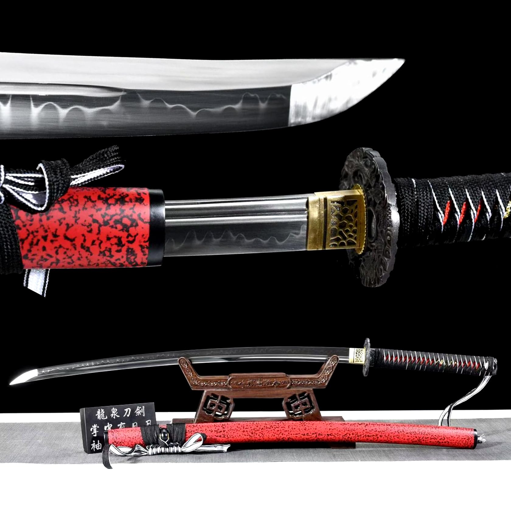 103cm echtes Samurai-Schwert,T10-Stahl Katana,Holzscheide,rotes Katana | handgefertigtes Samuraischwert,Stahl Katana für Sammlung,Ausstellung,Geschenke,Cosplay,Requisiten,Training