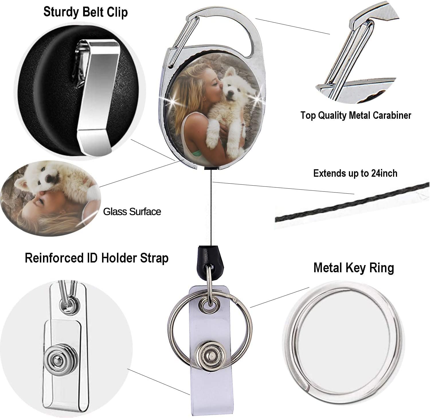 Custom Carabiner Badge Reel Personalized Badage Reel Holders with Belt Clip, Keychain Retractable Badge Reels for Nurse, Employee, Office