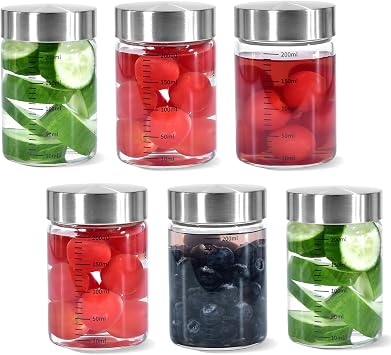 Juice Glass Bottles 6oz, 6Pack Wide Mouth Glass Water Bottles with Lids, for Juicing, Smoothies, Infused Water, Beverage Storage, BPA Free, Stainless Steel Lids, Leakproof, Reusable, Borosilicate
