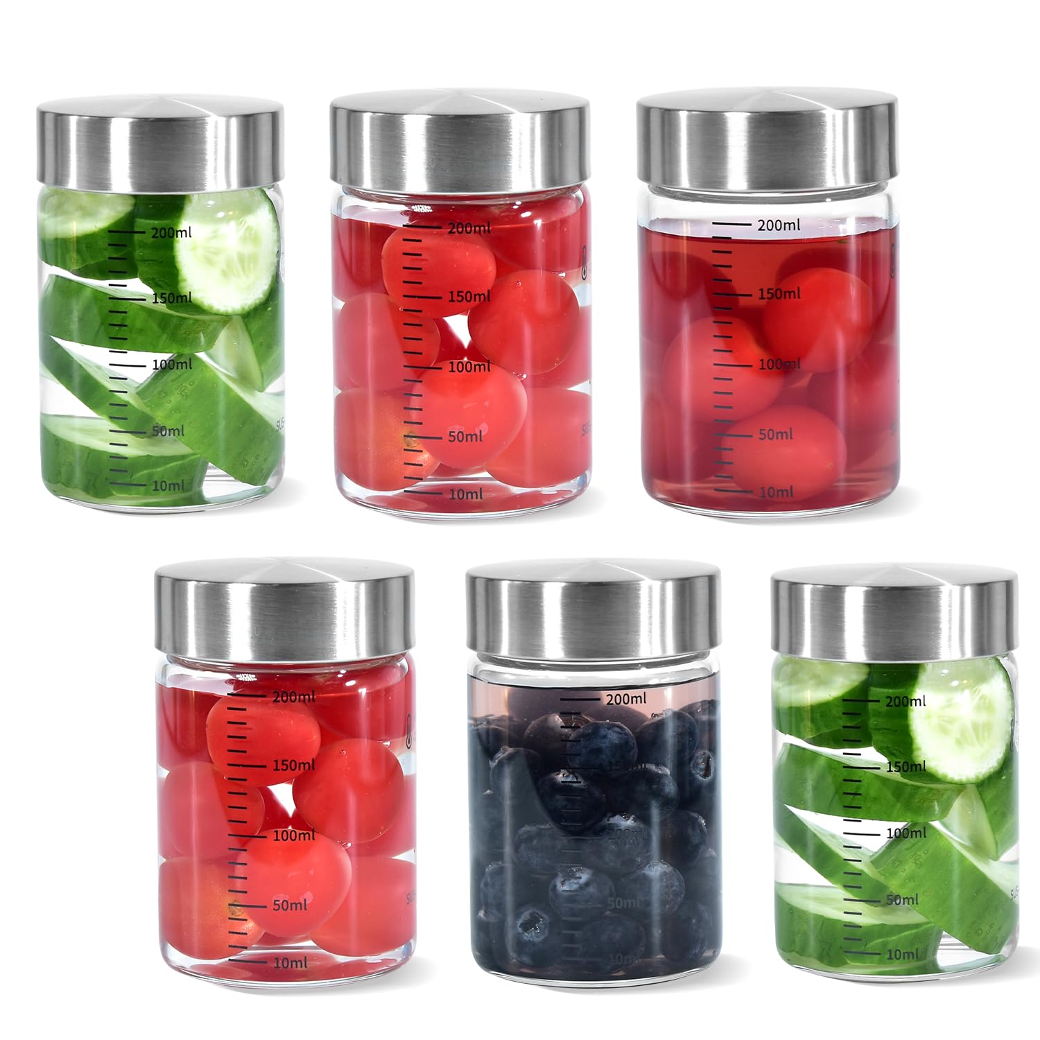 Juice Glass Bottles 6oz, 6Pack Wide Mouth Glass Water Bottles with Lids, for Juicing, Smoothies, Infused Water, Beverage Storage, BPA Free, Stainless