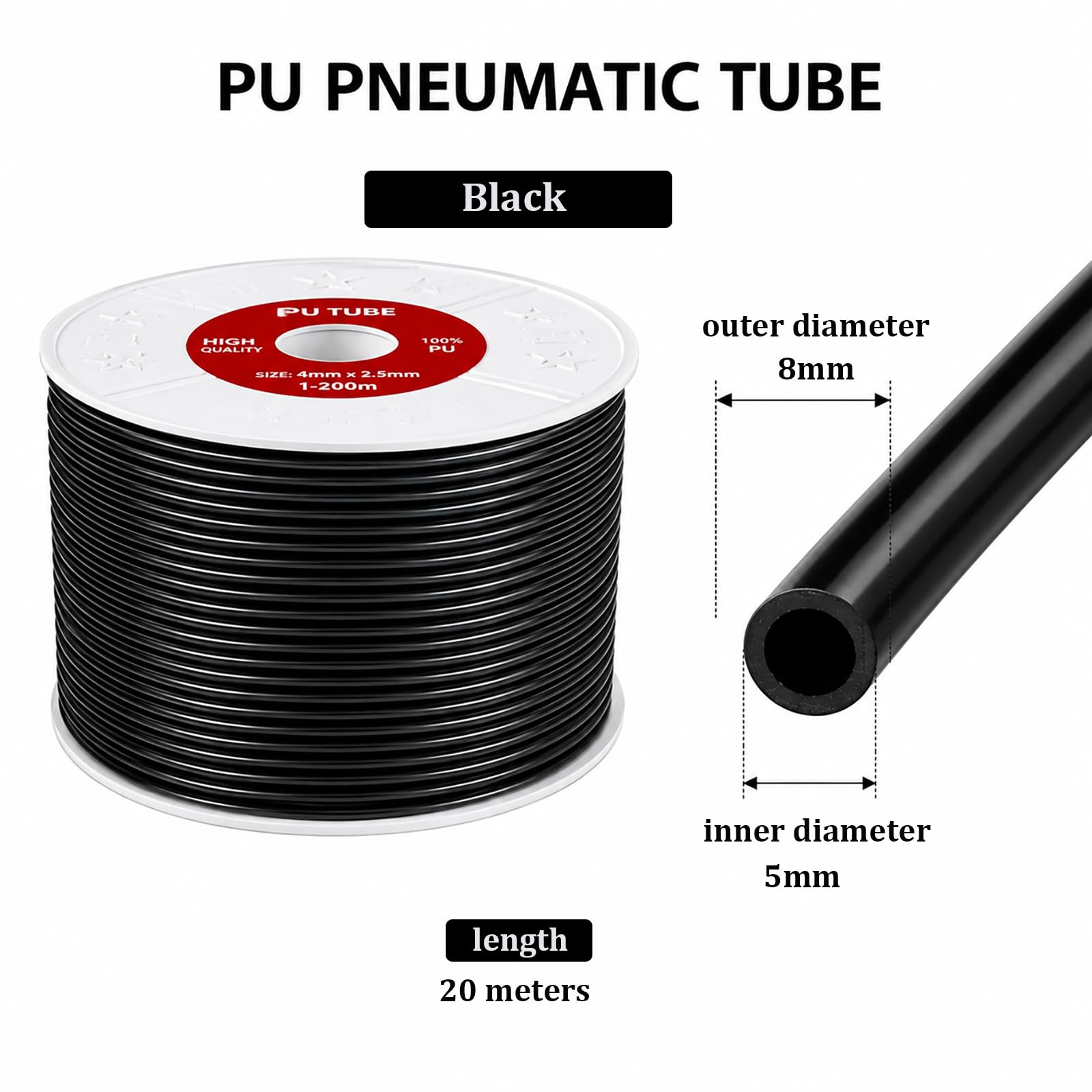 COYOUCO Tubazione Pneumatica in PU Nera da 10-100m Lunghezza 8mm OD x 5mm ID