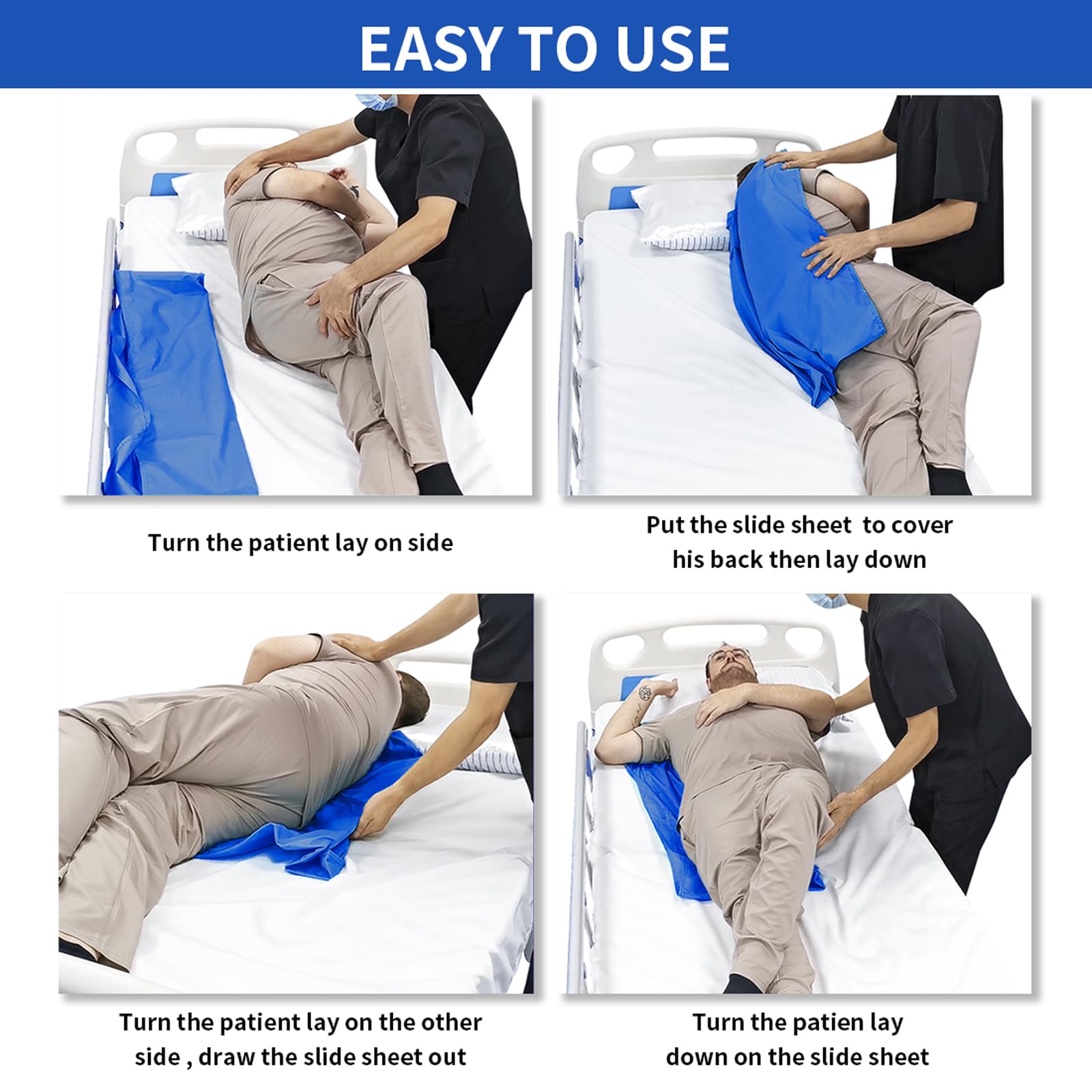 Paciente Transfer Slide Sheet para pacientes/ancianos transferencias a coches/sillas de ruedas/cama Transferencia y reposicionamiento fácil, reutilizable y lavable (azul oscuro-27.5''x47.2'')