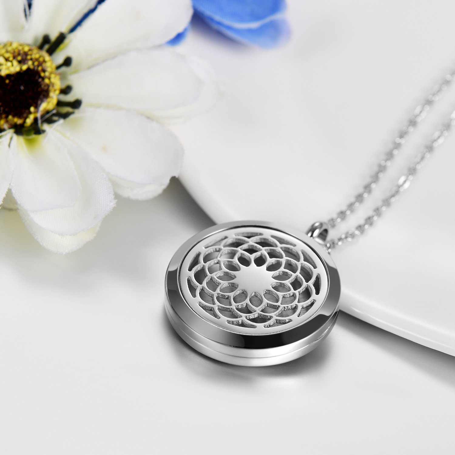 JewelryWe Aromaterapia Collana con Pendente Diffusore dell'Olio Essenziale, Rosa Ciondolo Retro Annata Collana del Profumo Regalo Originale per Il Amore, 6 Feltri da Cambiare, Portafoto,Regalo Natale